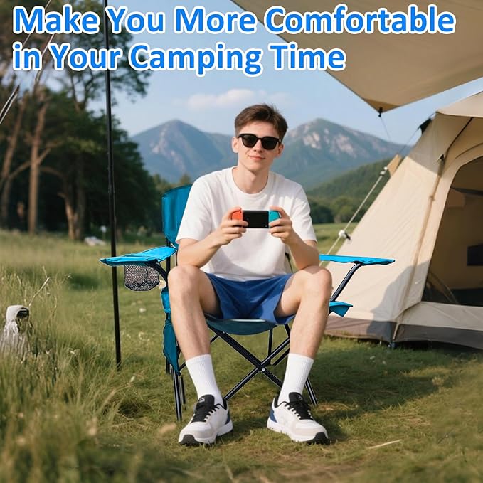 Folding Camping Chair, 225lb Capacity, Includes Cup Holder & Side Storage Bag, 5.5lbs Portable for Beach, Camping, Sport,Blue