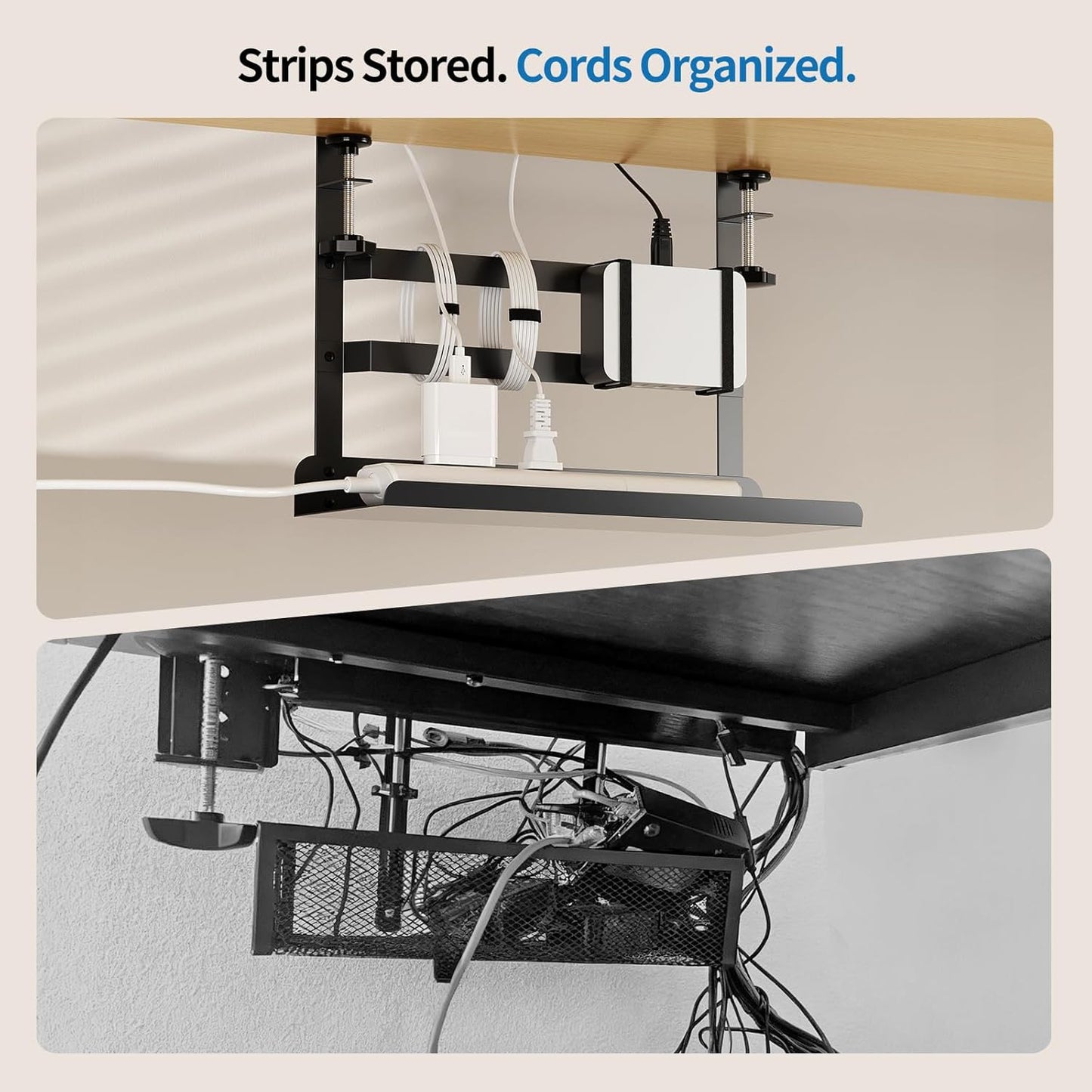 Yecaye Under Desk Cable Management Tray, No Drill Clamp Mount Metal Cable Management Tray with Desk Protection Pads
