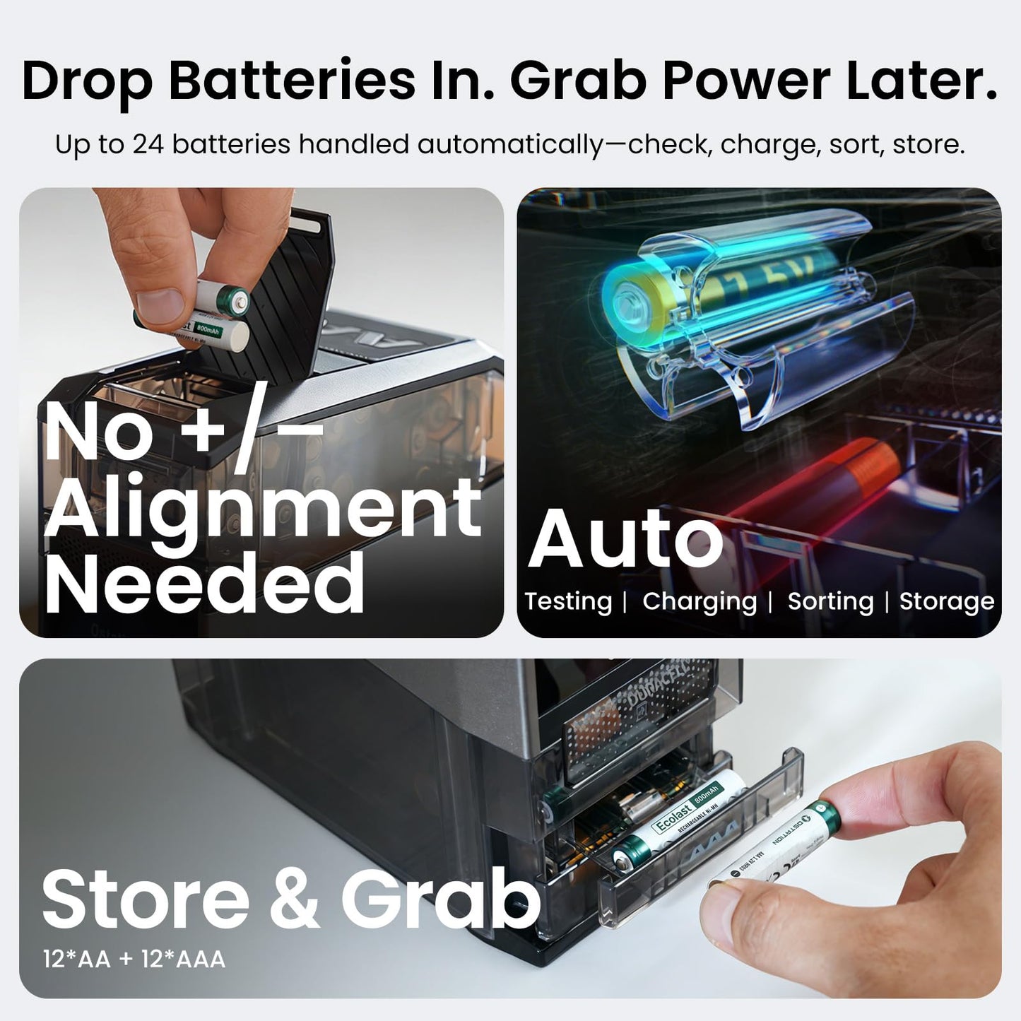 Ostation 2 Pro 3-in-1 Smart Battery Charger with 12AA & 12AAA NiMH Batteries, Polarity-Free, Fast Charging, Auto Detection, Storage Organizer, App Control, Touchscreen, Flashlight Charging Ports