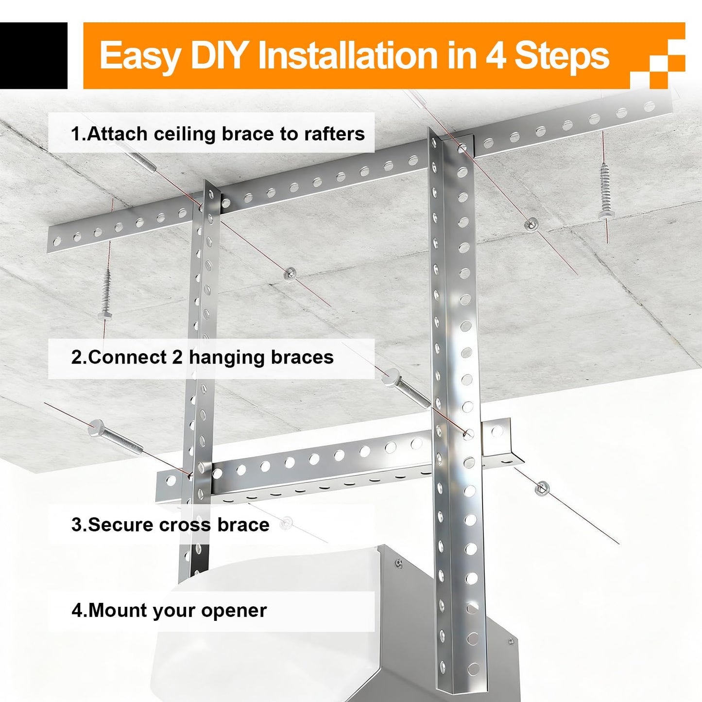 4-Piece Garage Door Opener Hanging Bracket Kit, 13 Gauge Heavy Duty Galvanized Steel Angle Iron Brackets with Mounting Hardware, Compatible with Genie/Chamberlain/Craftsman Smart Chain Drive Openers
