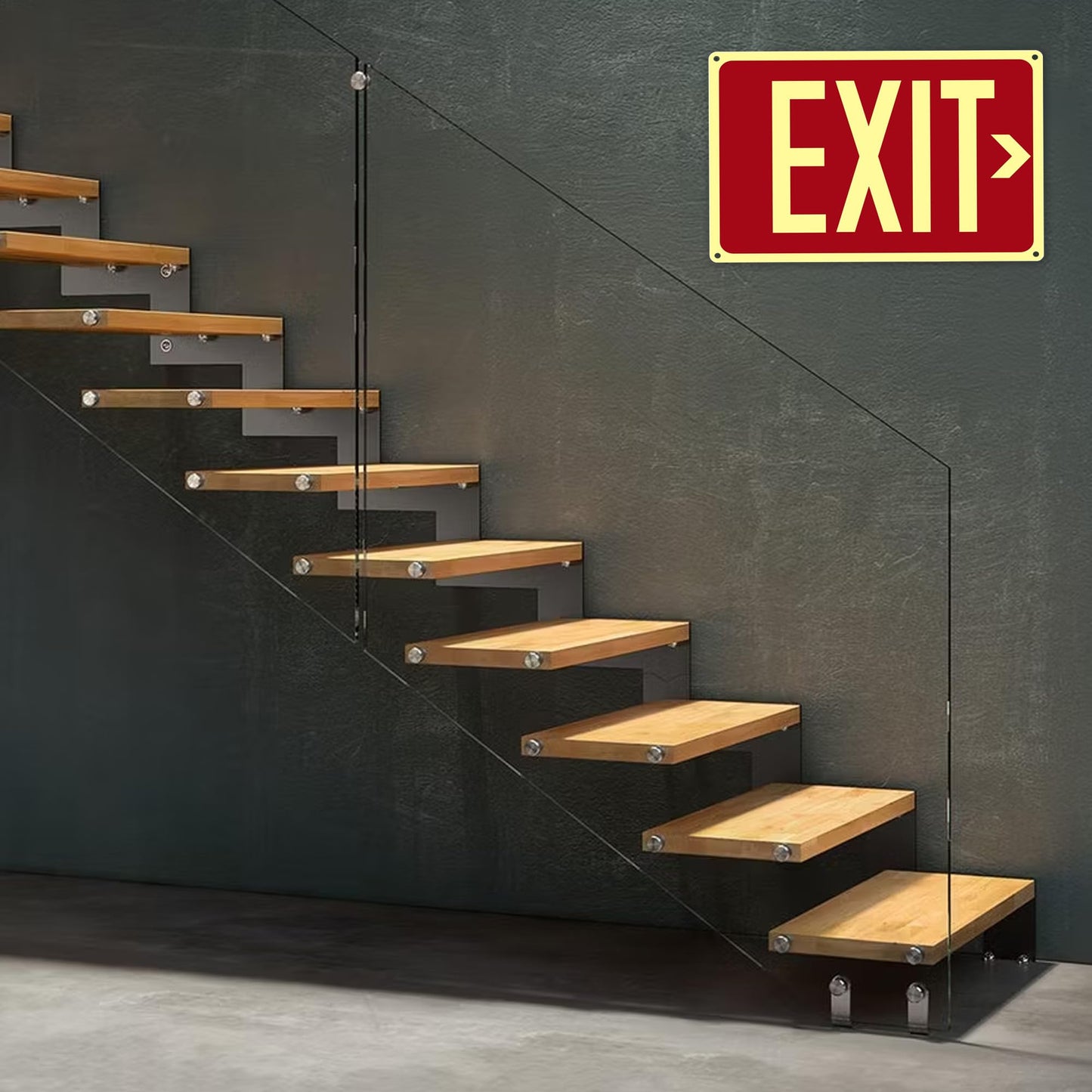 2Pack Photoluminescent Exit Sign Aluminum - 14x10 Inches Glow In Dark Exit Sign with Adhesive Backing - Removable Arrows Included - Non Electrical Red Exit Light For 50 Feet Visibility