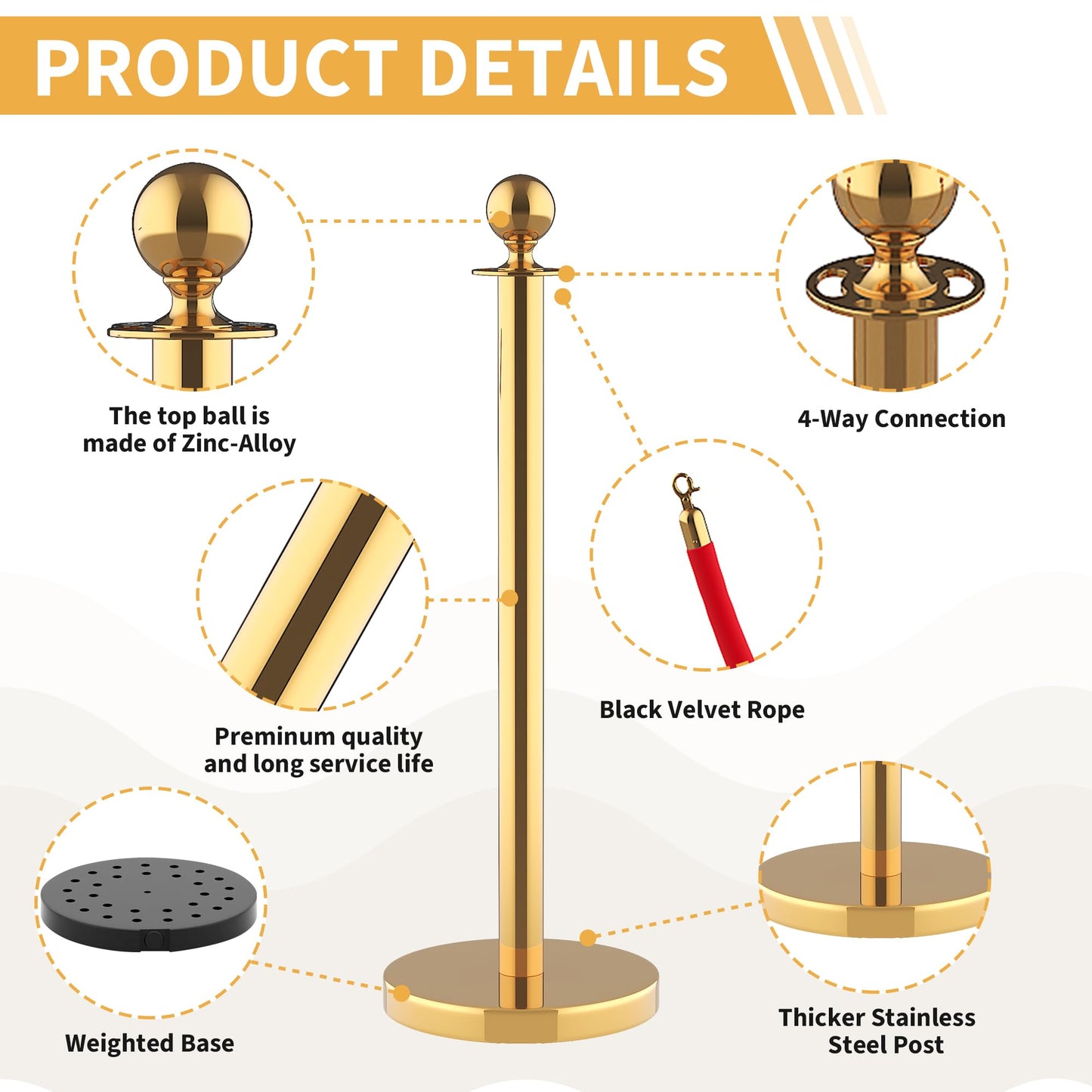 Crowd Control Stanchions 6PCS with 4 Velvet Ropes & 26FT Red Carpet, Stainless Steel Post and Filled Base, Retractable Safety Barriers for Hotel, Wedding, Theater, Event