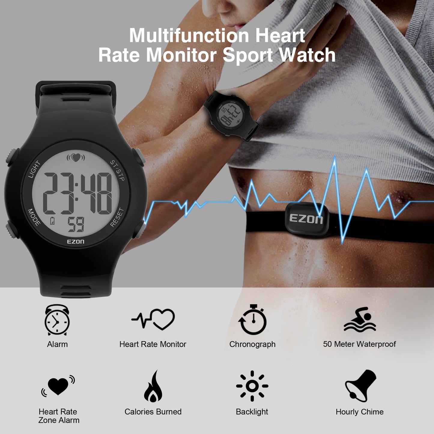 EZON Heart Rate Monitor Chest Strap and Digital Watch,5ATM Waterproof Fitness Tracker with HRM,Calories Burned,Stopwatch and Hourly Chime - Ideal Fitness Presents for Men and Women (Black)