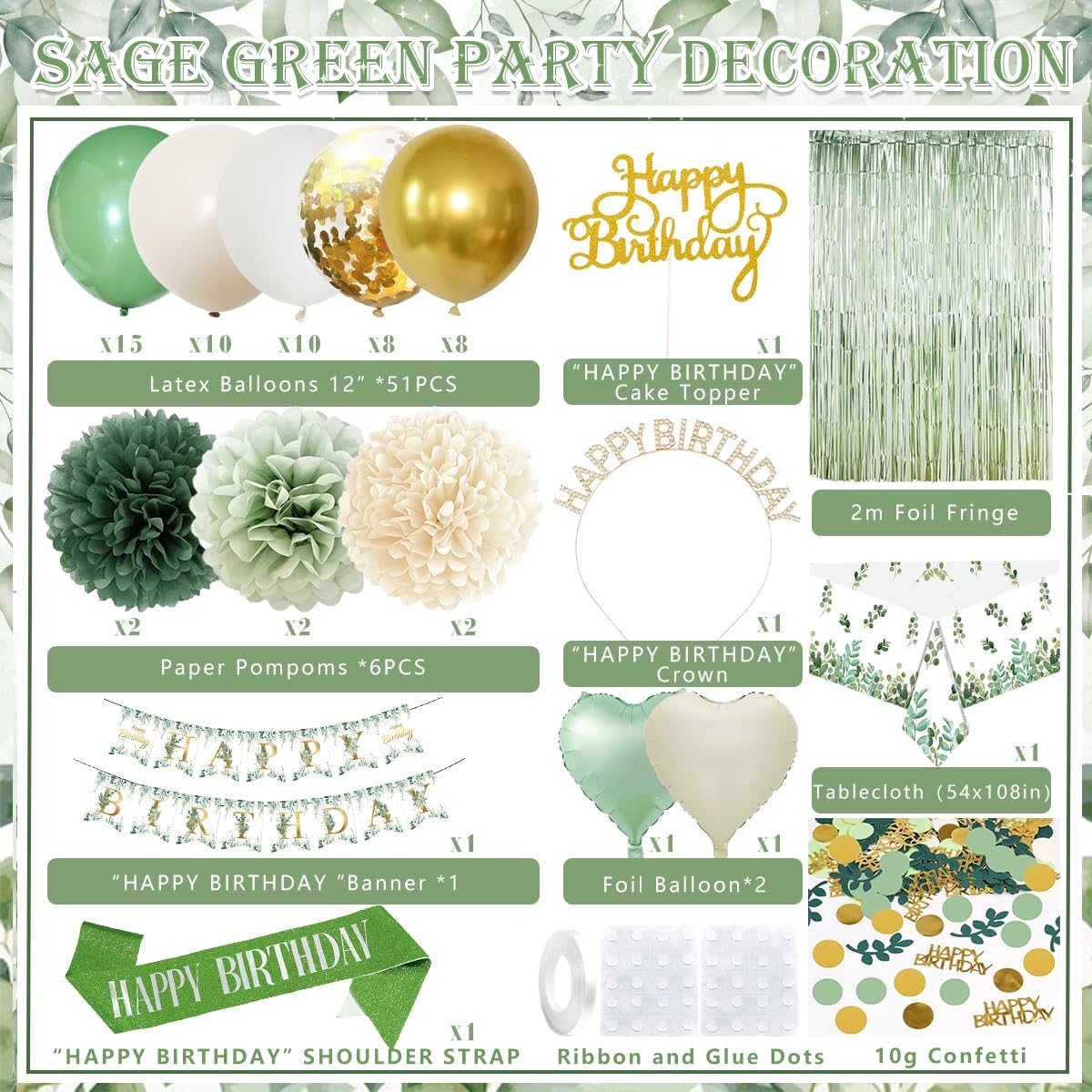 Sage Green Birthday Decorations Set - Balloons, Banner, Pom Poms & Crown for Boho Parties