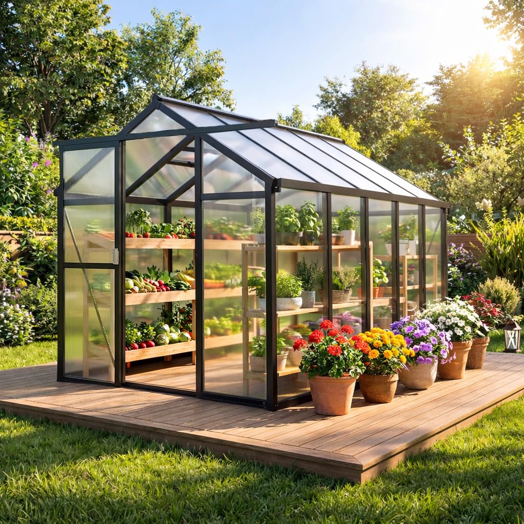 GarveeHome 6X8 FT Greenhouse, Walk-in Greenhouse Kit with Aluminum Frame, Polycarbonate Panels, Adjustable Roof Vent, Sliding Door, Secure Lock for Outside Garden, Patio, Backyard