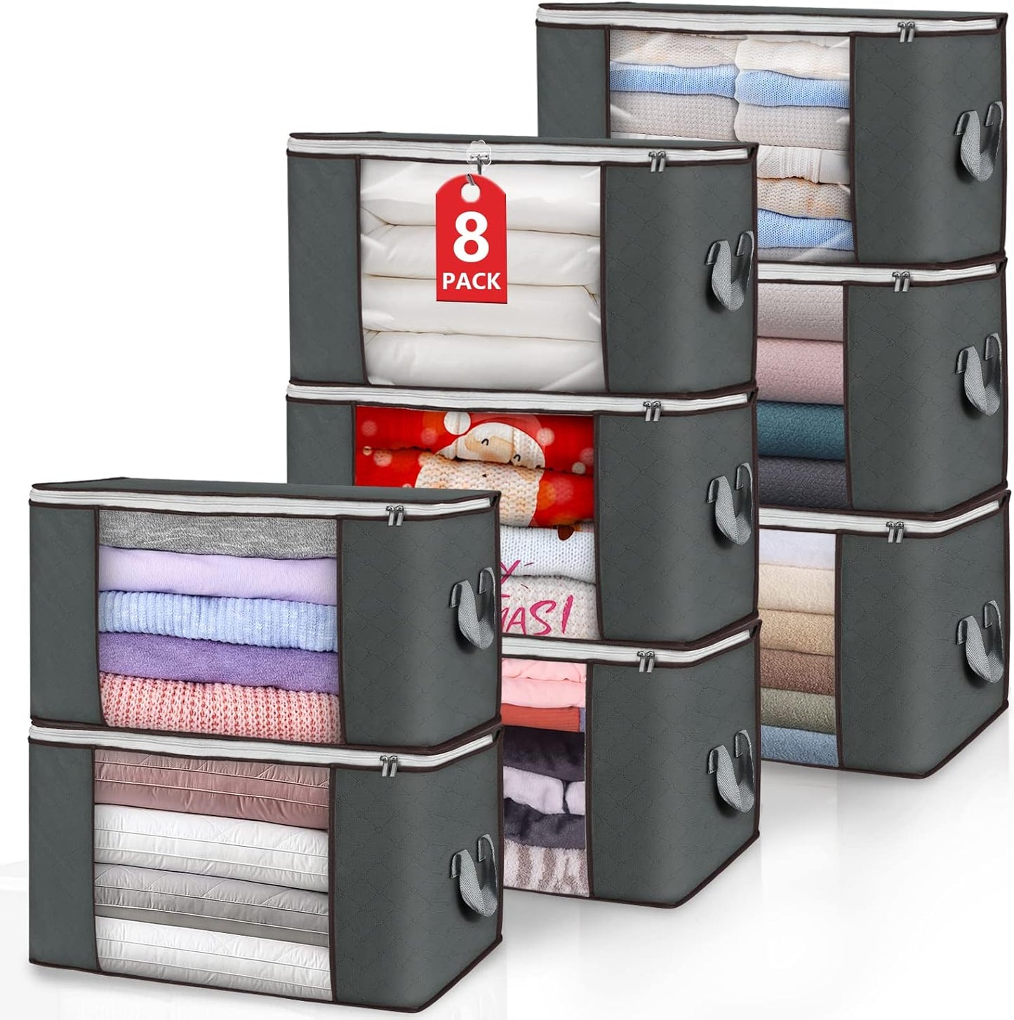 Skiennix Large Storage Bags - 8 Pack Foldable Closet Organizers with Durable Handles | 90L Gray
