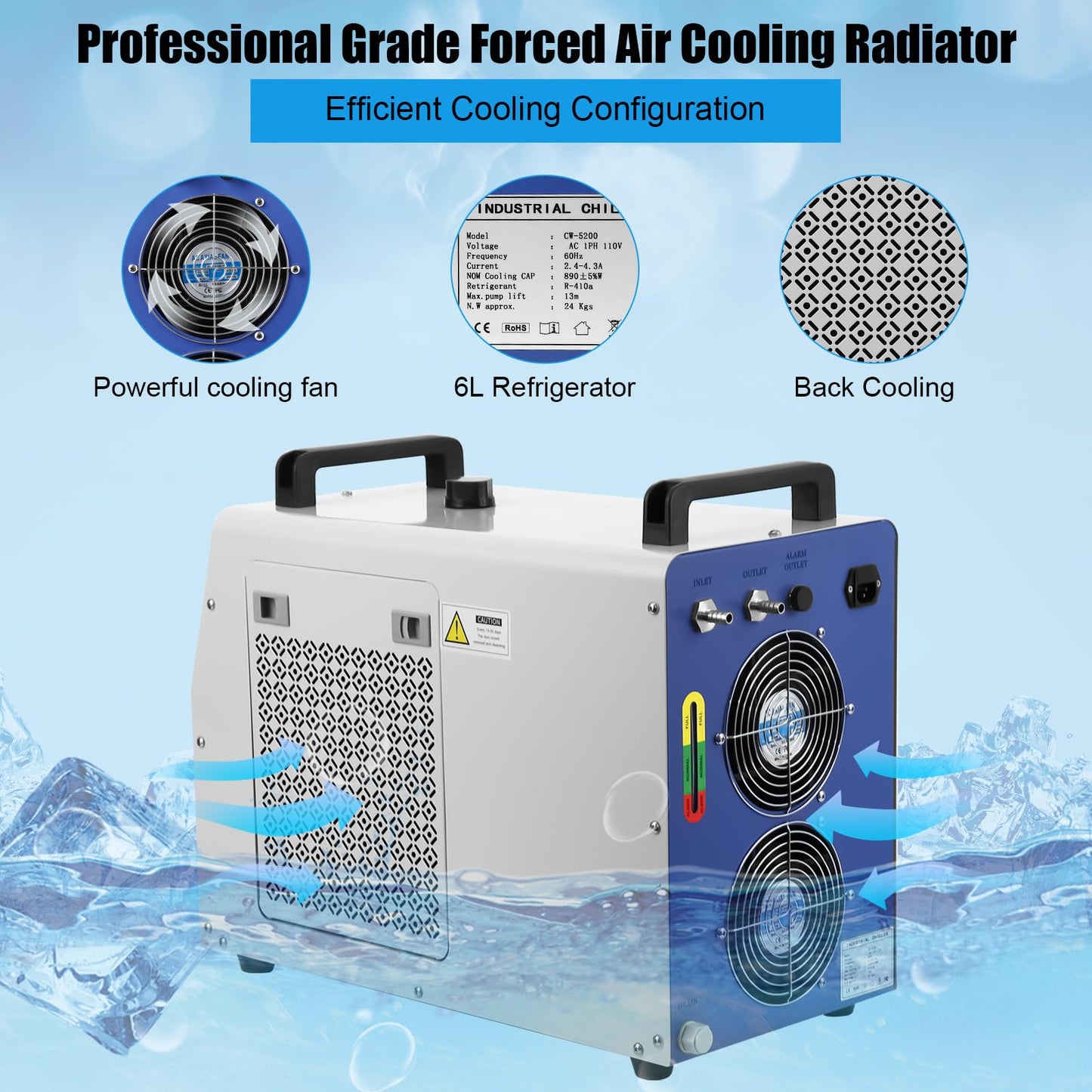 6L Industrial Water Chiller CW-5200, 0.9HP 2.6gpm Water Cooling System for 50W-150W, CO2 Laser Engraving & Cutting Machines, Cools 5200 BTU/Hour