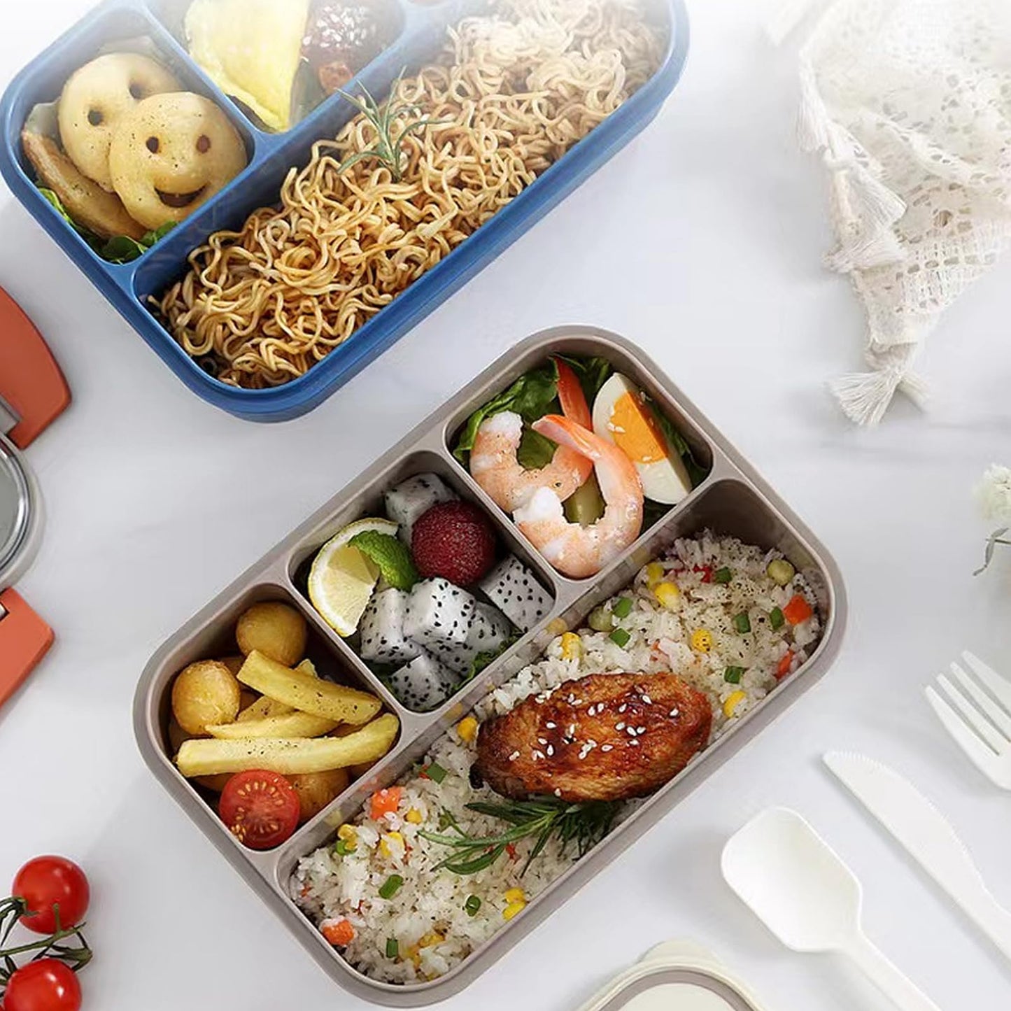 Scizorito Bento Box Adult Lunch Box, 44 oz Containers with 4 Compartments, Lunchable Food Container with Utensils, Sauce Jar, Microwave & Dishwasher Safe (White-Grey)