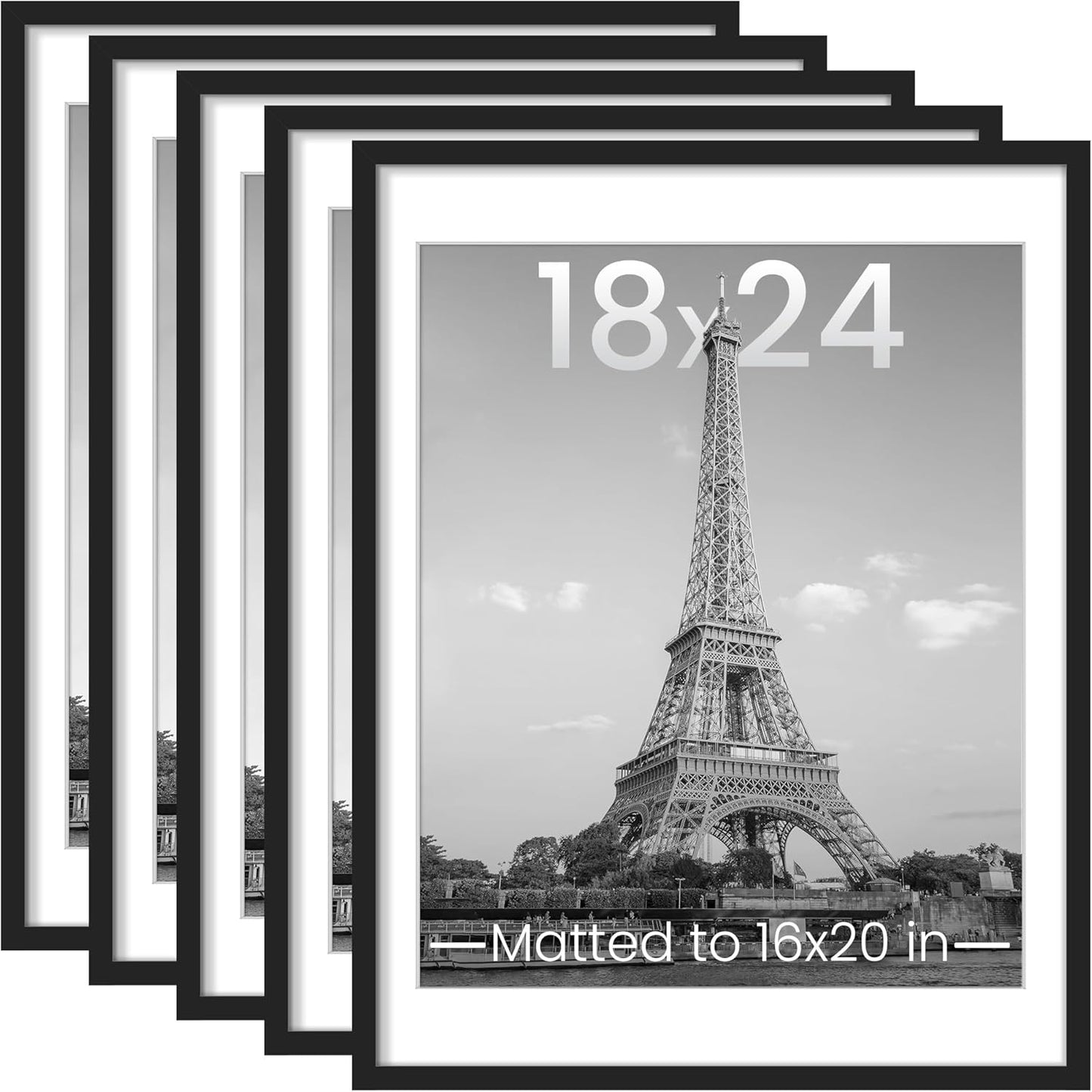Upsimples 18x24 Picture Frame Set of 5 - Display 16x20 with Mat or 18x24 Without - Black Wall Gallery Frames