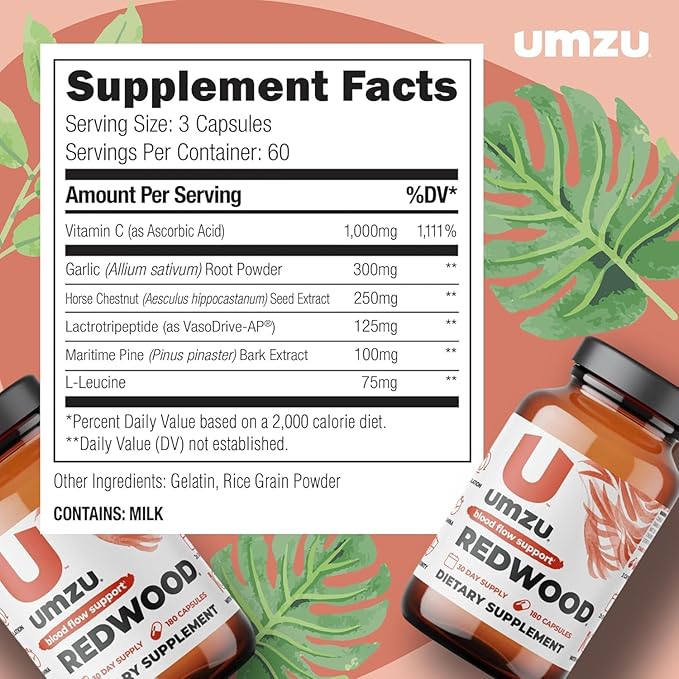 UMZU Redwood Nitric Oxide Booster, 3-Month Supply ??Nitric Oxide Supplement with Vitamin C, Garlic & Horse Chestnut ??Supports Healthy Circulation, Blood Flow, Energy, Stamina and Daily Vitality