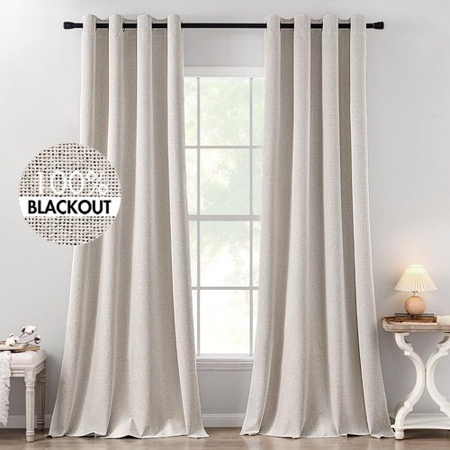 MIULEE 100% Blackout Linen Textured Curtains - Thermal Insulated Ivory Grommet Drapes | 52 x 120 Inch (2 Panels)