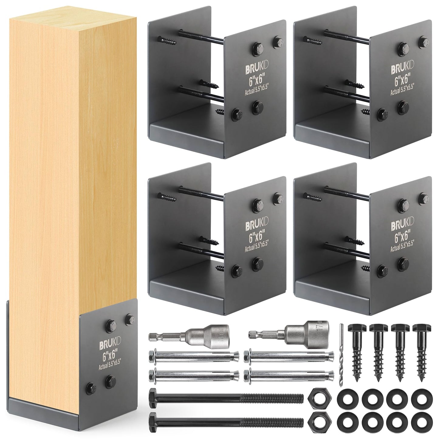 Brukid Stainless Steel 6 x 6 (Actual: 5.5" x 5.5") Deck Post Base, Post Anchor Bracket, Concrete Support Anchor Base for Railings, Fences, Pavilions, Porches (4pack-Dark Gray)