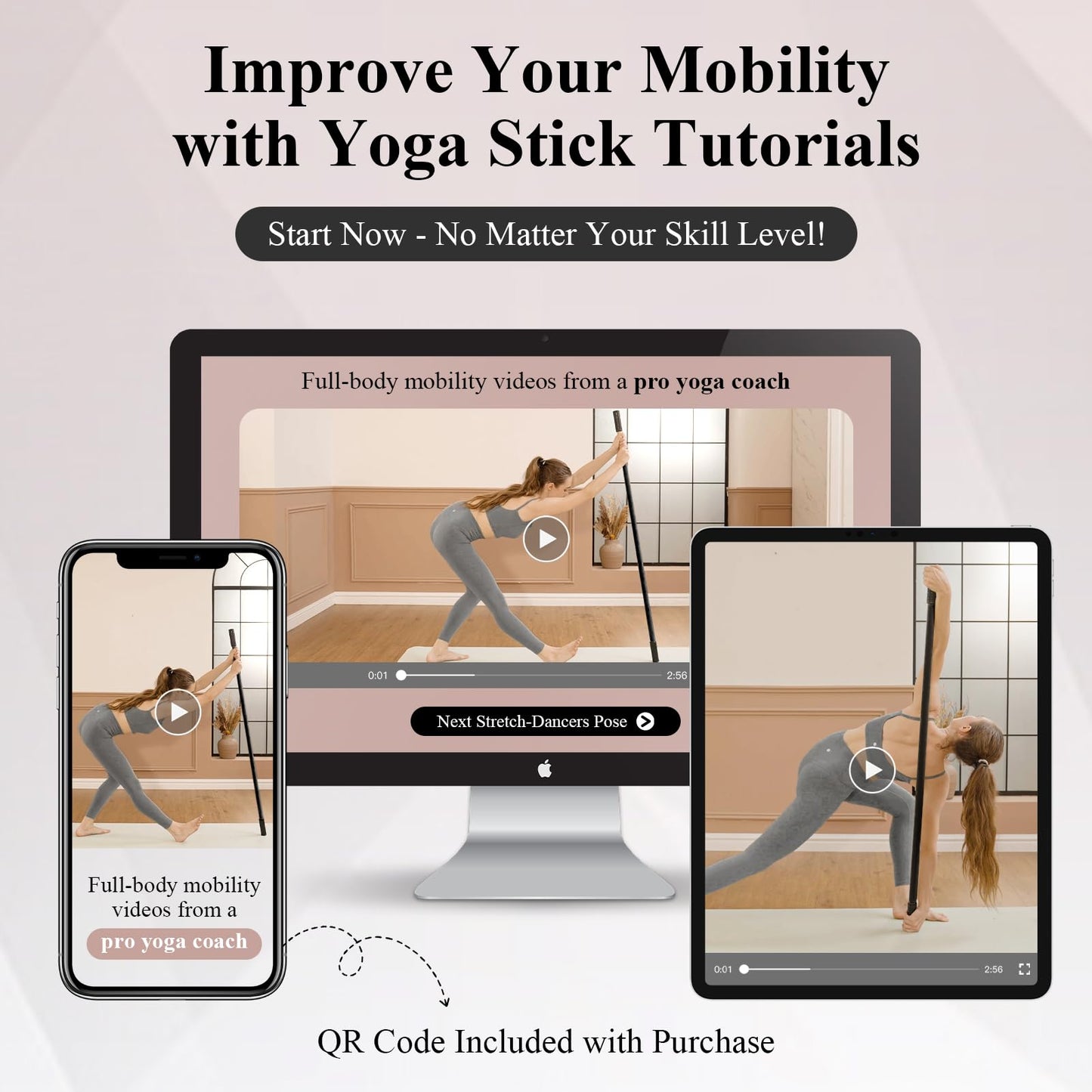 PAETA Yoga Stick for Stretching, 5ft Exercise Stick for Mobility & Flexibility, Bamboo Stretch Bar and Posture Pole with Non-Slip Grip - Includes Free Video Guide, Black
