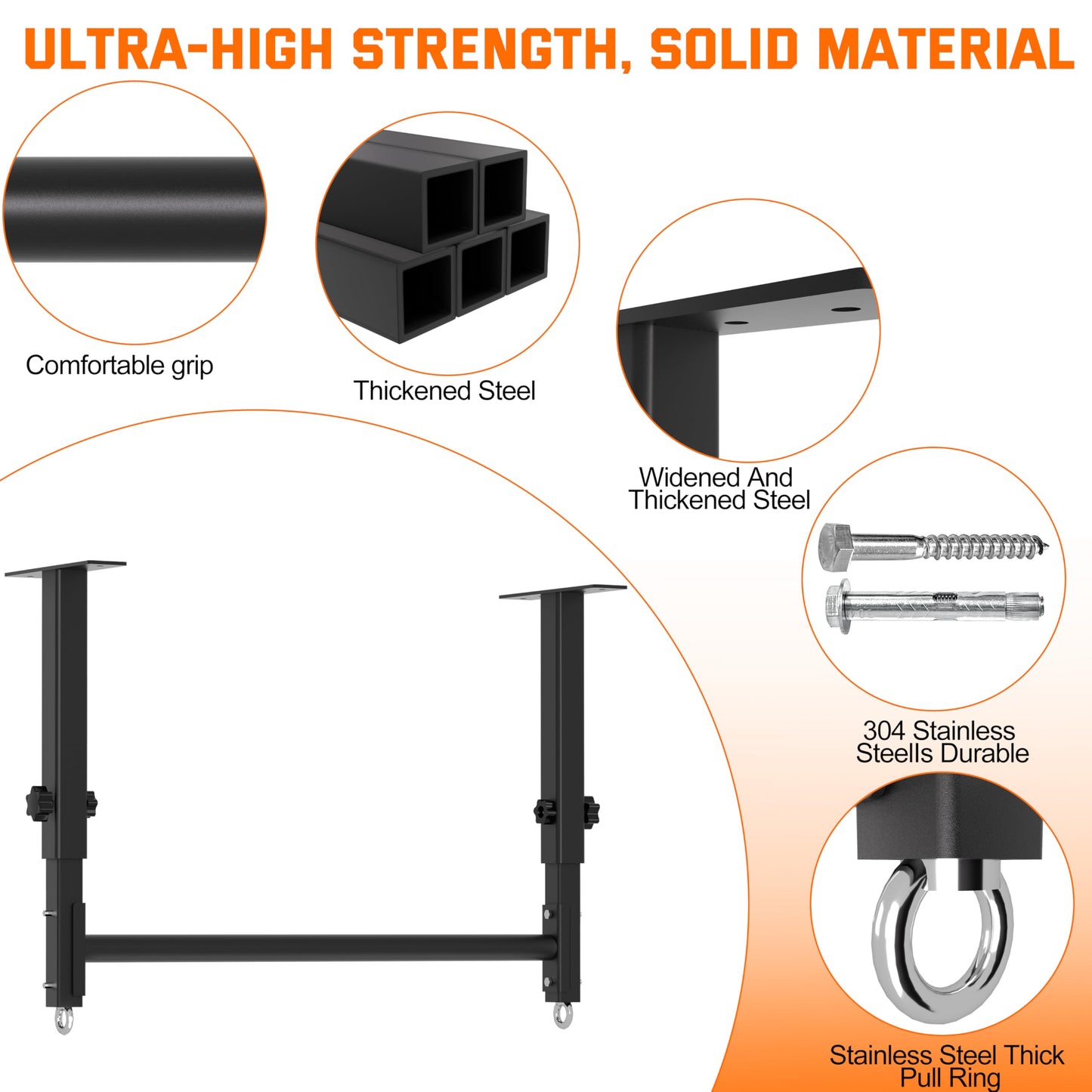 HWOOUSA 48" Ceiling Mount Pull Up Bar, Heavy Duty Multi-Grip Rafter Chin Up Bar for Garage/Basement/Backyard Ceiling Beam, Adjustable Height&Supports to 650 Lbs