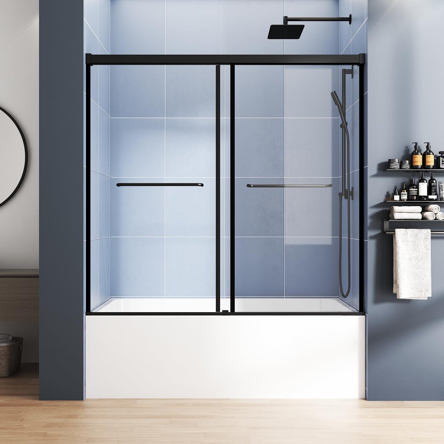 Foskbaths Bathtub Sliding Door 55"-60" W x 56" H Tub Shower Door, Bathtub Glass Door Double Sliding Tempered Glass with Explosion-Proof Film Stainless Steel Matte Black