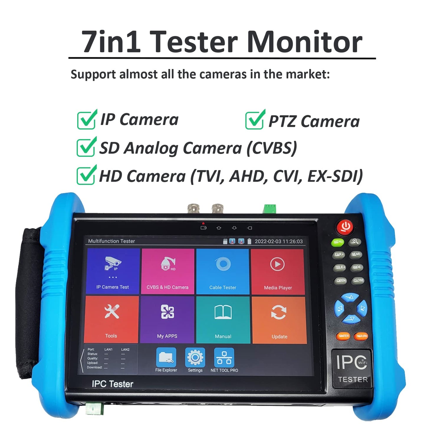 101AV IPS Touch Screen Security CCTV 7” 7in1 Test Monitor Support IP cam, Standard Analog Camera (CVBS) & HD TVI/AHD/CVI Camera up to 8MP