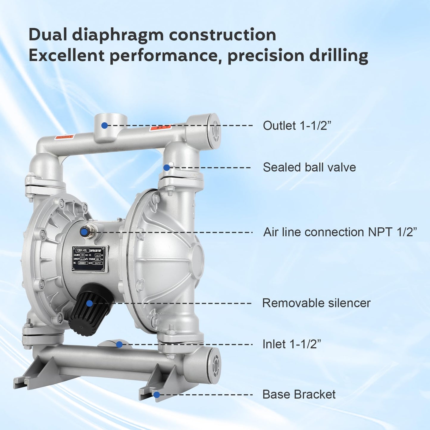 Air-Operated Double Diaphragm Pump For Environmental Protection Drainage Construction Petroleum Chemical Pharmaceutical Electric Power (Black, 1/2 Inch Outlet)