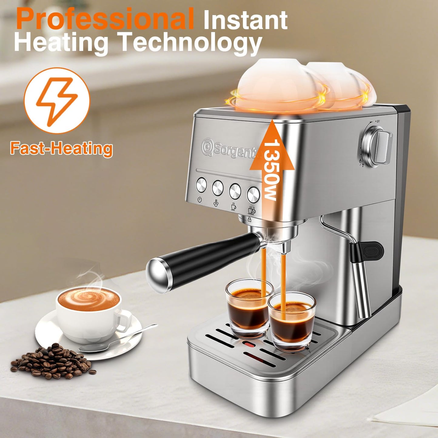 Sorgente Espresso Machine 20 Bar, Stainless Steel Coffee Maker with Milk Frother, 1350W with Fast-Heating System, Innovative Coffee Grounds Filter, Espresso Machines for Home Barista