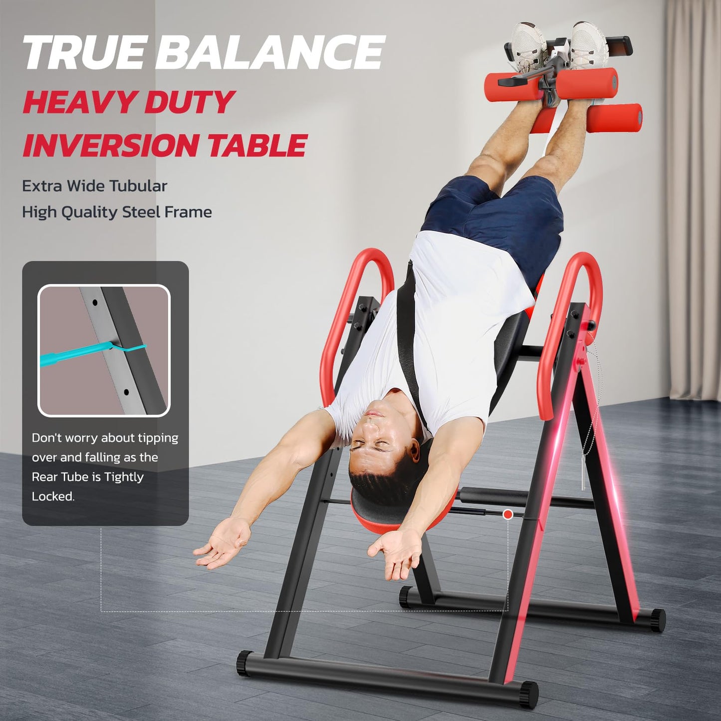 YOLEO Gravity Heavy Duty Inversion Table with Headrest & Adjustable Protective Belt Back Stretcher Machine for Pain Relief Therapy (Red02)