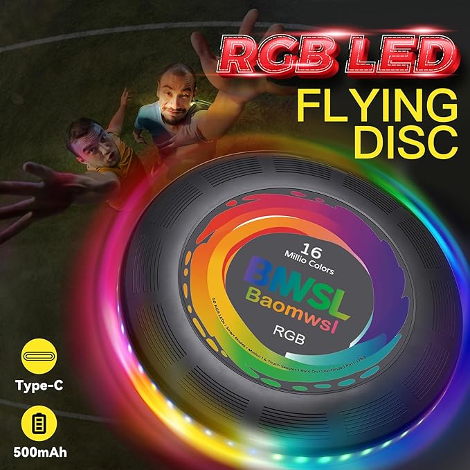 Light-Up Flying Disc - 16 Million Colors RGB or 50 LEDs, Ultra Bright, 12 Light Modes, Rechargeable, IP65 Waterproof, Durable, Camping Essentials for Teens/Kids/Adults/Boys/Girls