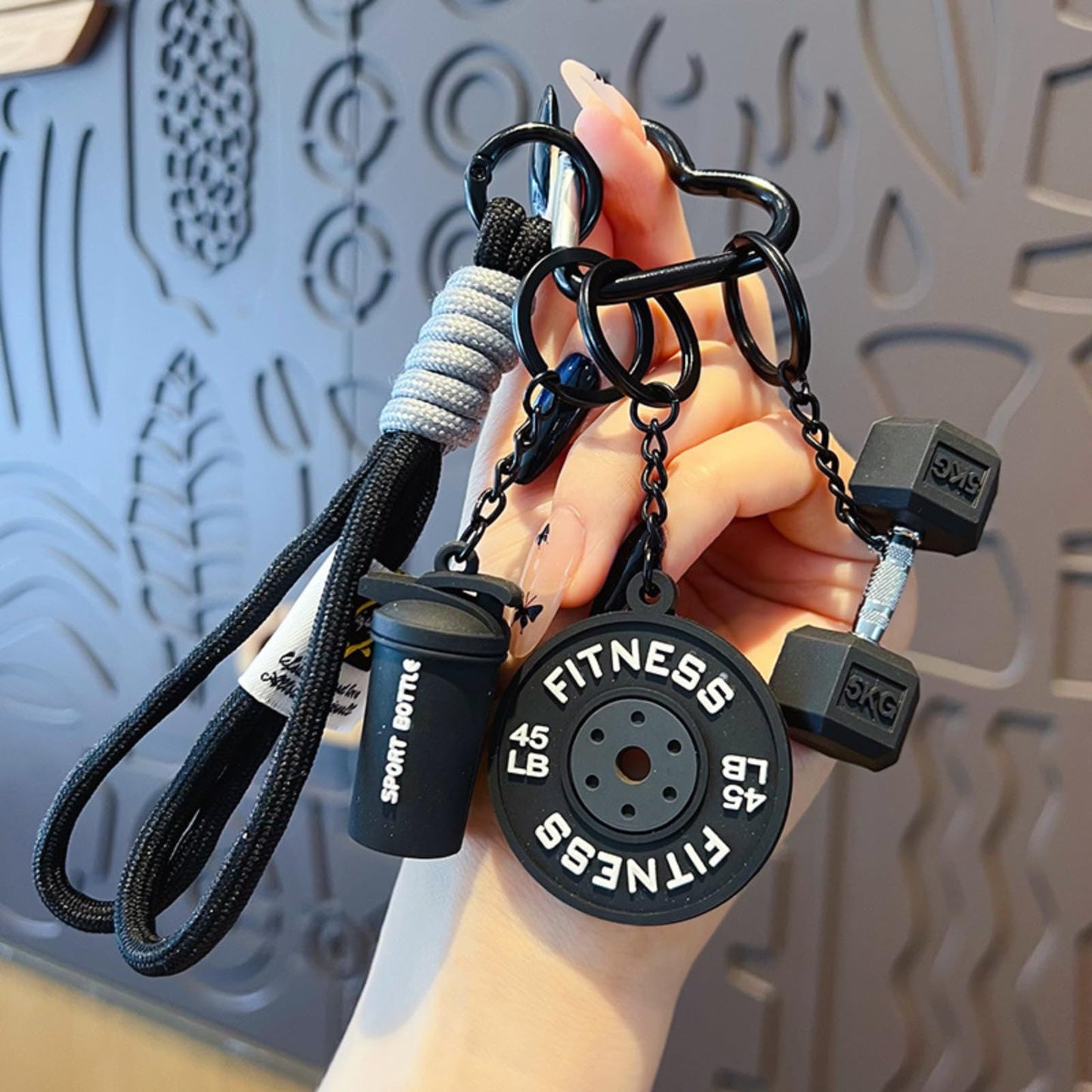 HeriNova Black Dumbbell and Weights Keychain for Gym Lovers, Fitness Themed Bag Purse Charms & Car Key Accessory for Men and Women, Workout Gift Idea