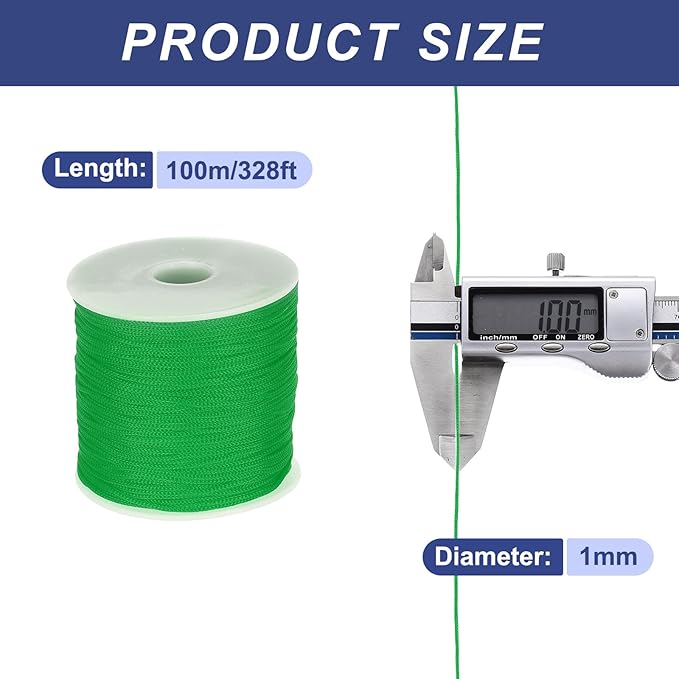 MECCANIXITY 1/16 Inch Polypropylene Rope Braided Ropes, 328ft Nylon Rope Hollow Utility Cord for Clothesline, Camping, Hiking, Outdoor, Green