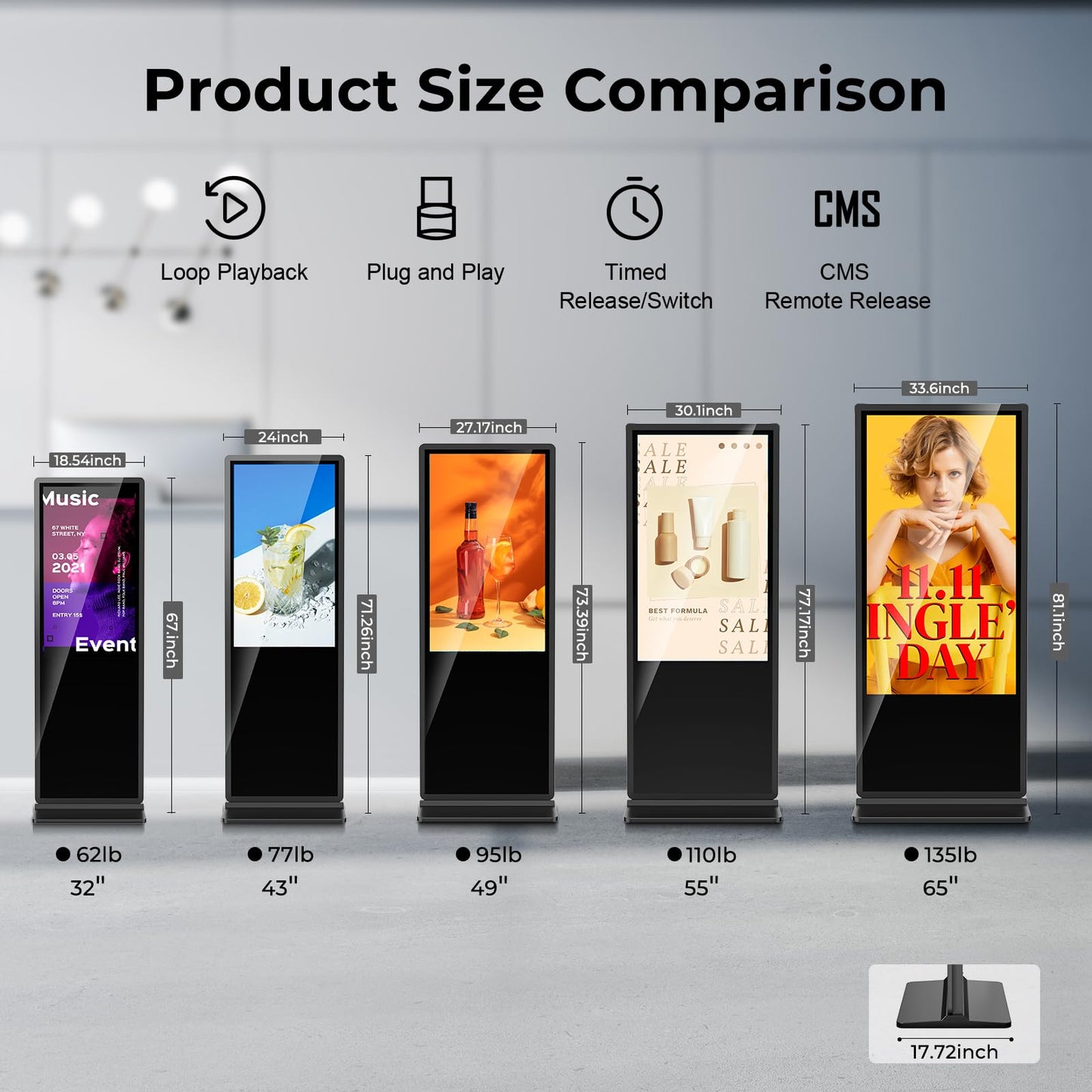 YCKJNB 55 inch Indoor Digital Signage 4K Touchscreen,CMS Software,IPS Floor Standing Digital Kiosks Interactive Displays with WiFi HDMI/USB Input Auto AD Player, Android OS Black