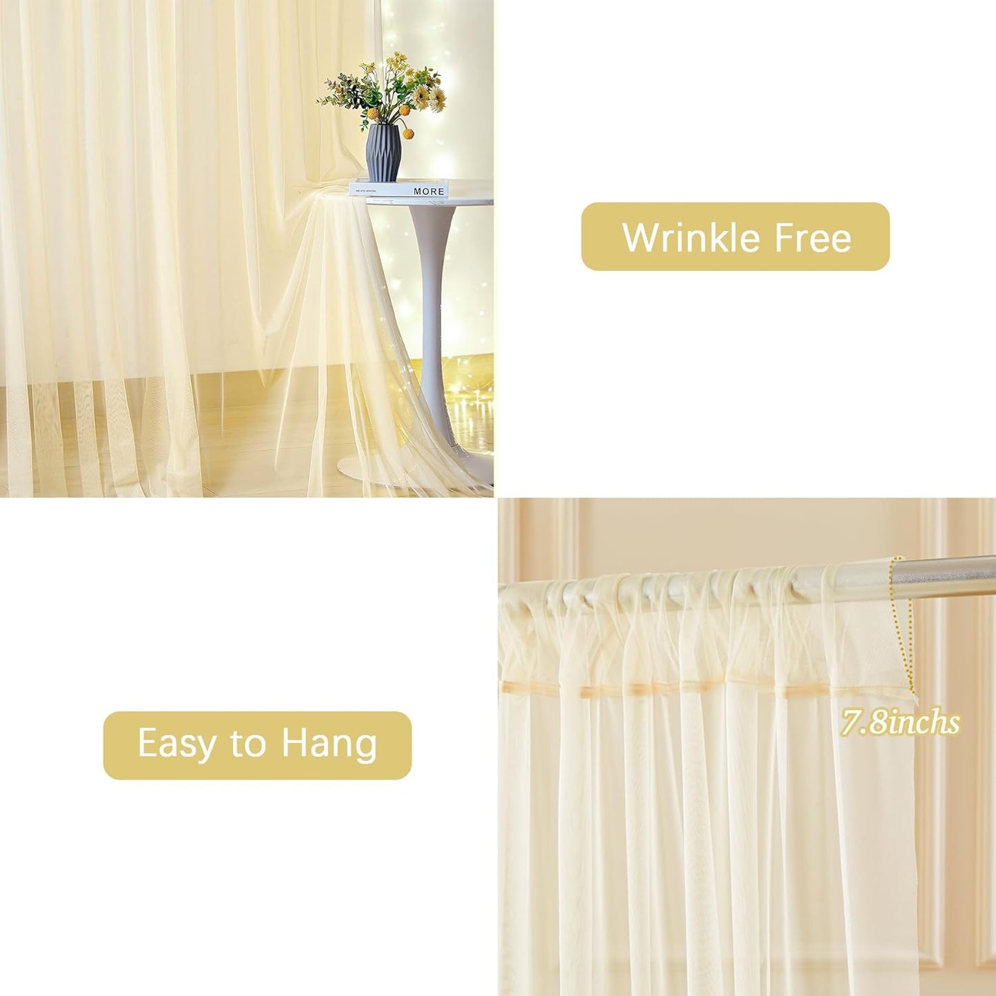 Tao-Ge 10ft 10ft x Champagne Sheer Tulle Backdrop Curtains with Lights String for Party Wedding Wrinkle Free Curtain