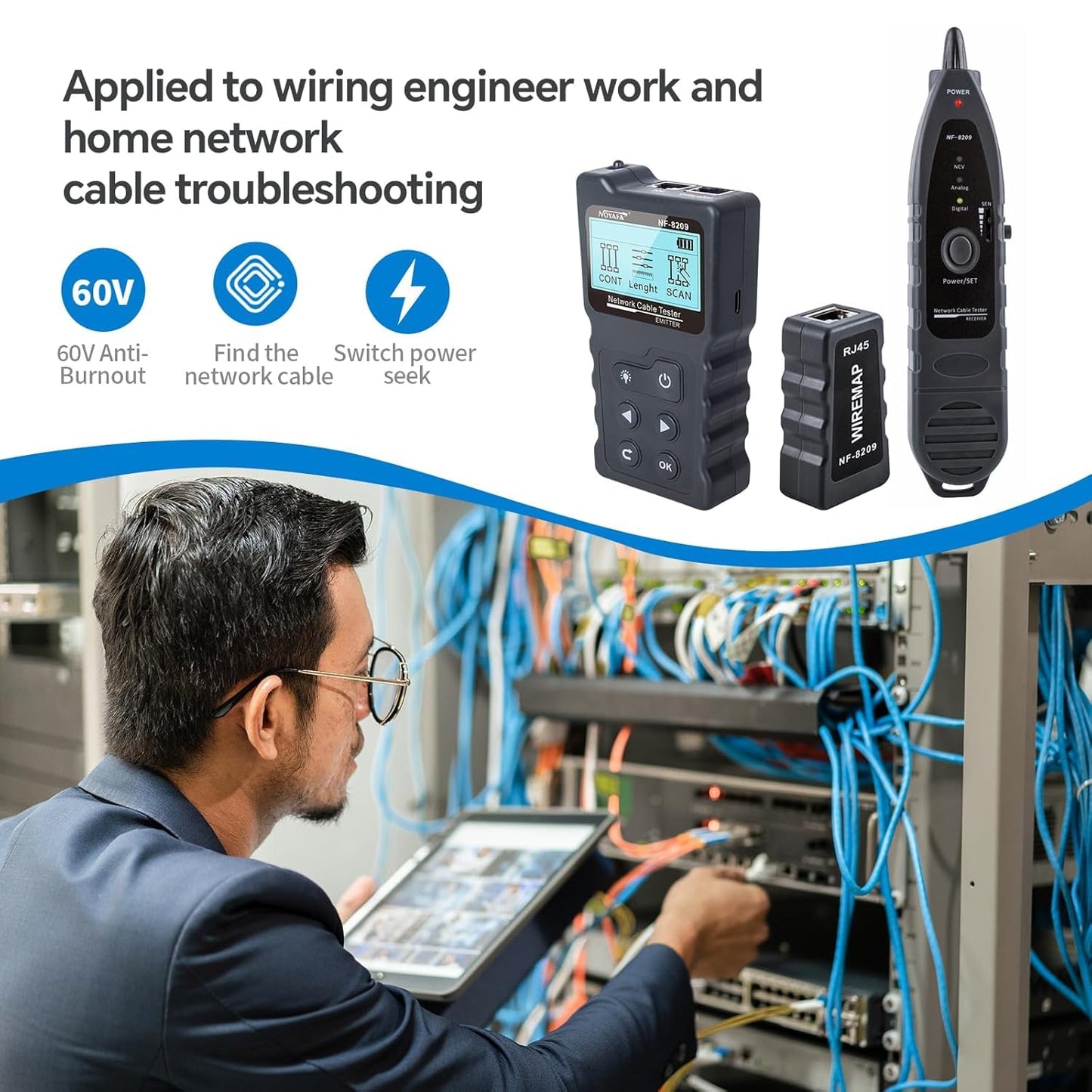 NOYAFA NF-8209 Network Cable Tester, Ethernet Cable Wire Tester with POE & NCV for CAT5/CAT6 Wire Tracer, Length Test, RJ45 Network Tester Kit for Cable Tracer Telephone Line Finder Home Repair