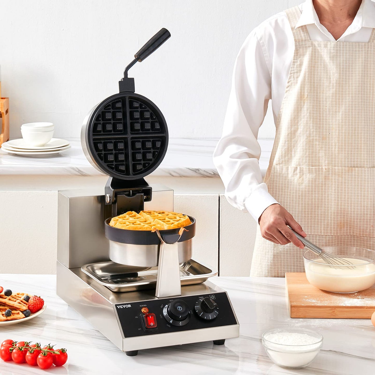 VEVOR Commercial Waffle Maker, 1300W Round Waffle Iron, Non-Stick Rotatable Waffle Baker Machine With 122-572℉ Temp Range and Time Control, Teflon-Coated Baking Pan Stainless Steel Body 110V