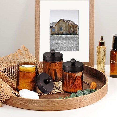 Amber Glass Qtip Holder - Apothecary Jar Set with Brown Metal Lid | Bathroom Organizer for Cotton Swabs (3 Pack, Bronze)
