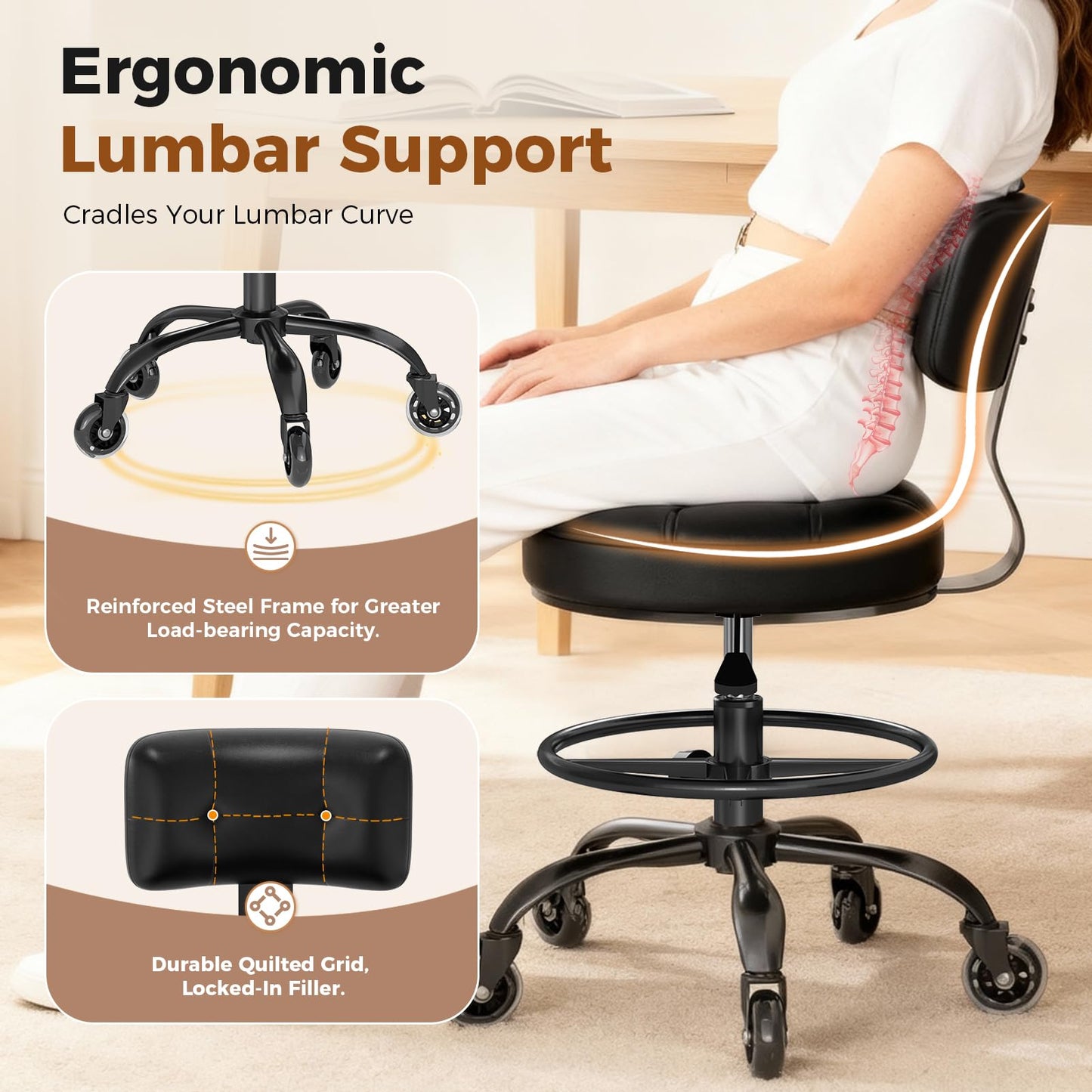 FREEKYROCK Office Drafting Chair with Footrest, Tall Height Adjustable Stool with Back Support, Heavy Duty Rolling Stool Chair with Wheels for Office Home Kitchen Bar Shop Guitar Studio Vanity, Black