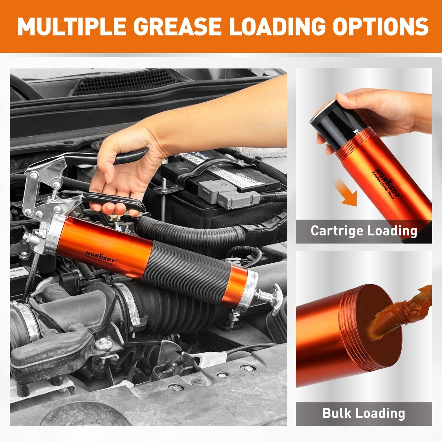 18-Piece 8000PSI Heavy Duty Grease Gun Kit with 14oz Grease, 2x11" Hoses, Flex Hose, Extension Pipes, Lock Coupler, Injector, Sharp Nozzle for Vehicle, Farm, Workshop, Marine, Easy Operation Tool