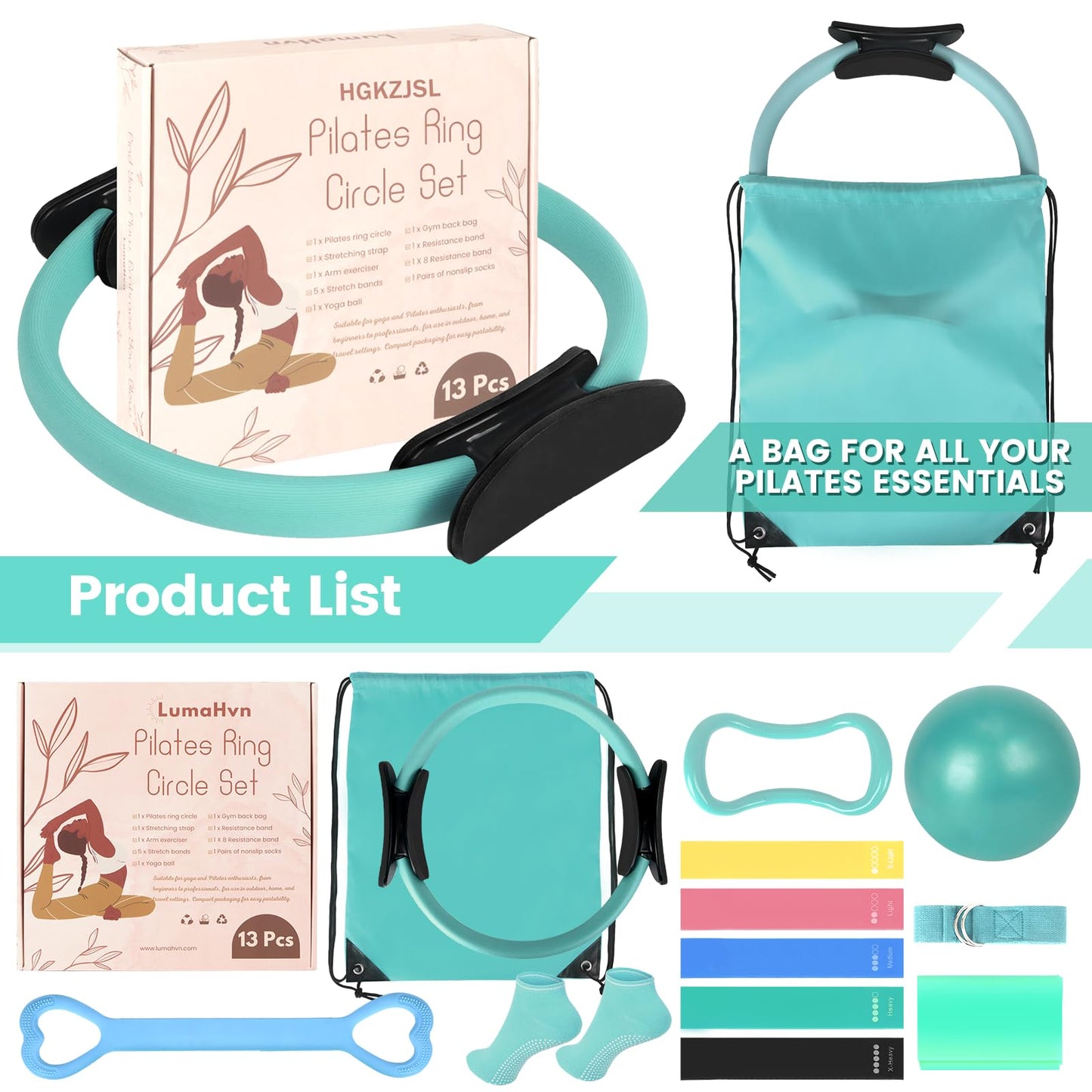 Pilates Kit for Women 13PCS, Pilates Ring and Ball Set with Magic Circle, Resistance Bands Set, Figure 8 Band, Yoga Ring & Grip Socks, Home Workout Equipment Essentials Starter Kit for Beginners