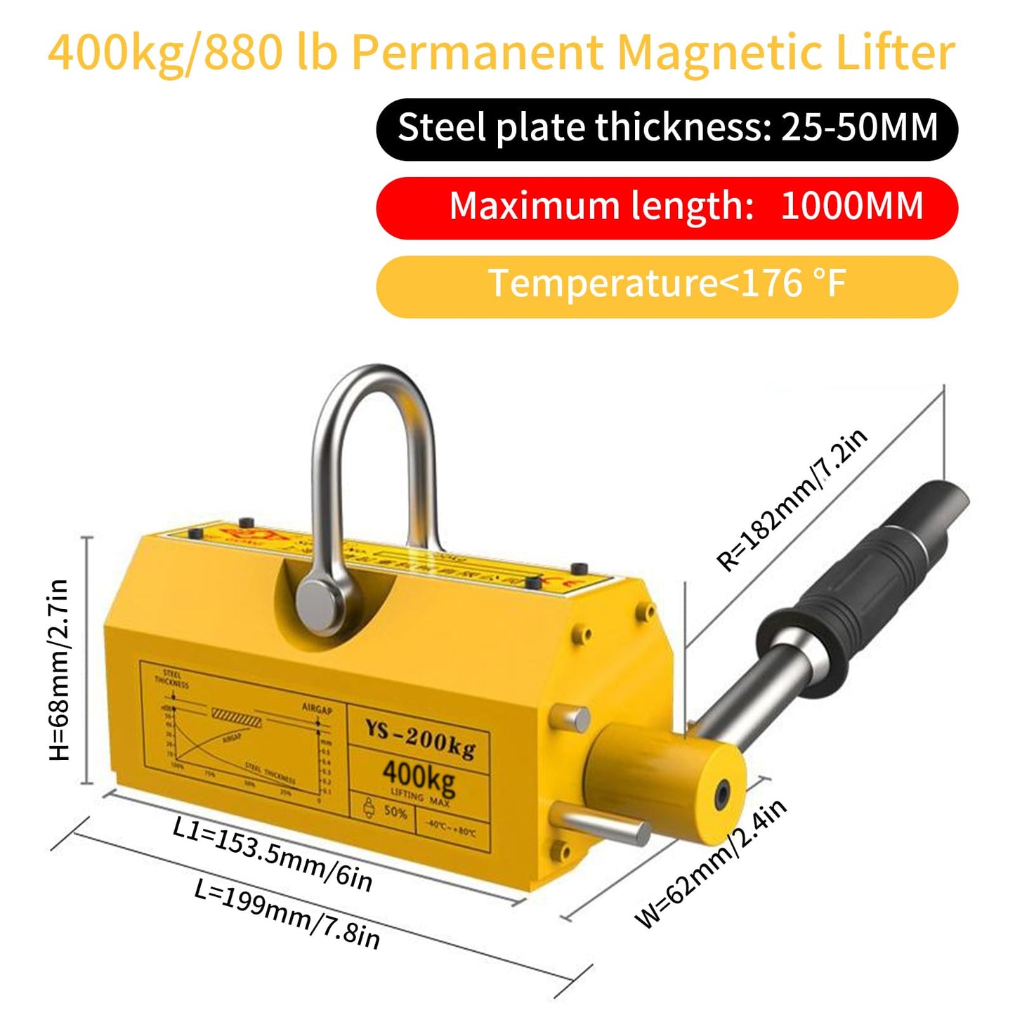 880 lb/400kg Magnetic Lifter, Permanent Magnetic Lifter with Release, for Lifting Plate Steel, Board, Used in Shop Crane, Hoist, Board
