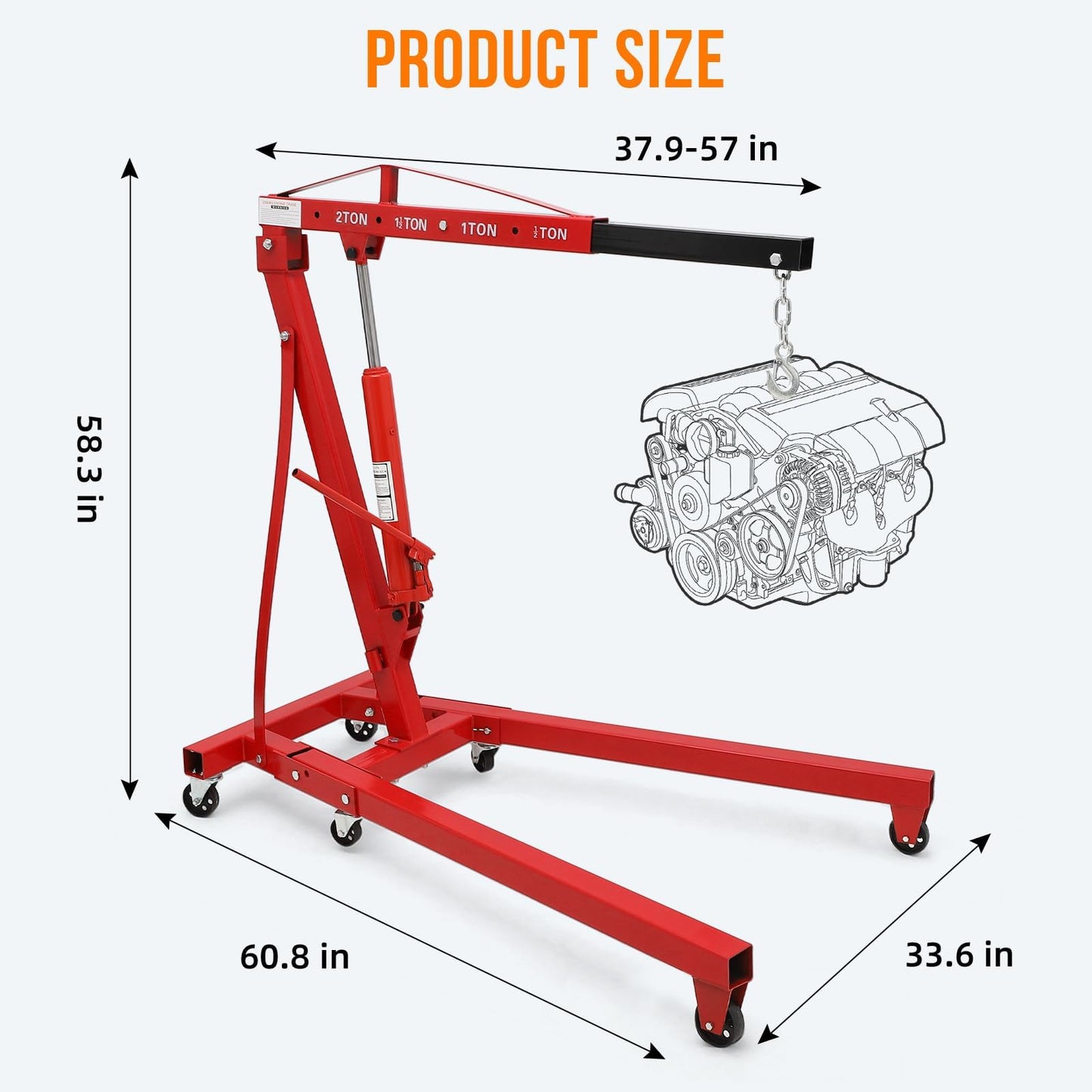 2 Ton Folding Hydraulic Engine Hoist, Folding Engine Shop Crane Hoist Lift, Heavy Cherry Picker with 6 Wheels for Garage, Workshop,Cherry