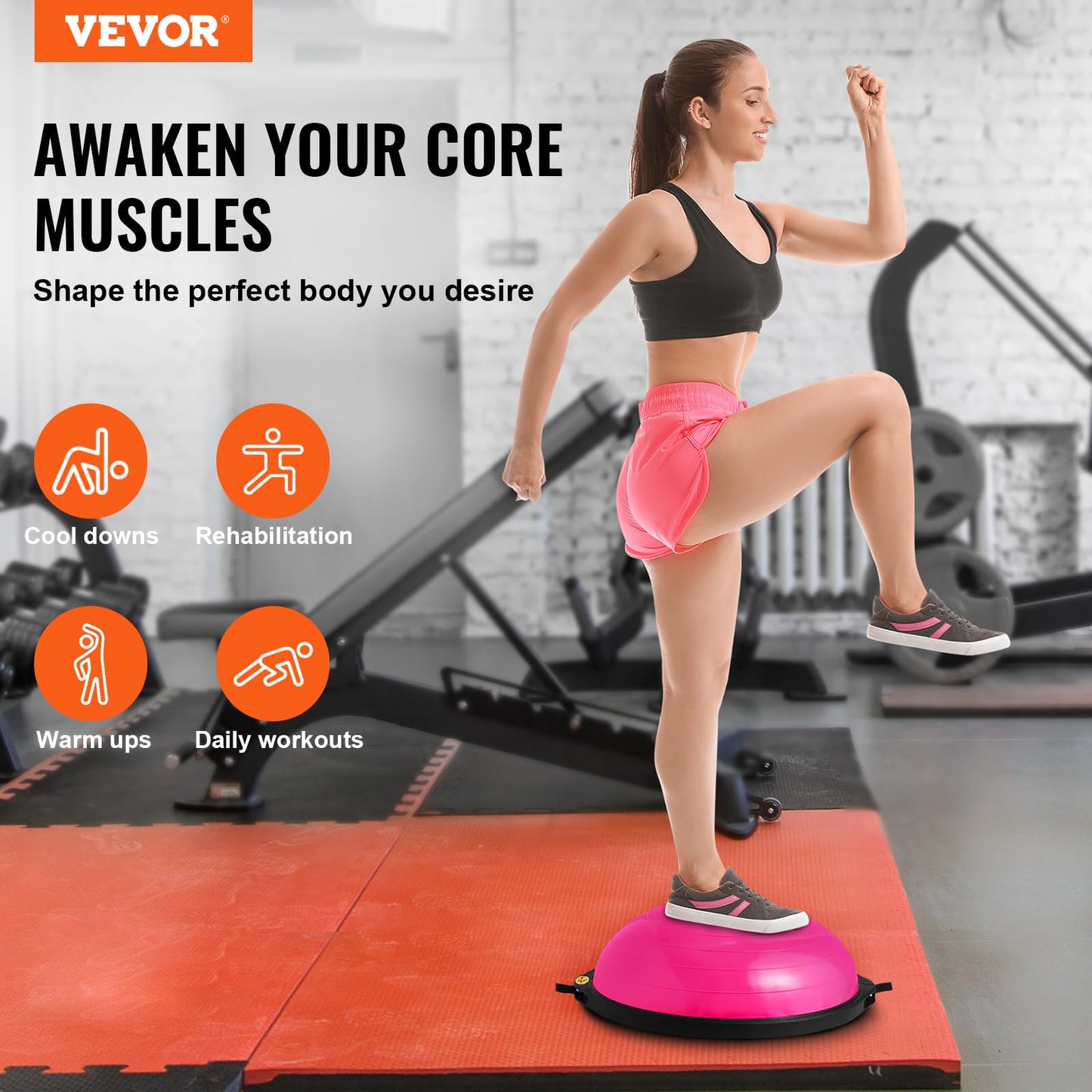 VEVOR 26-inch Half Exercise Ball Trainer, 1500 lbs Capacity Balance Ball, Includes Resistance Bands and Pump, Ideal for Full Body Workouts, Yoga, and Strength Training at Home Gym, Pink