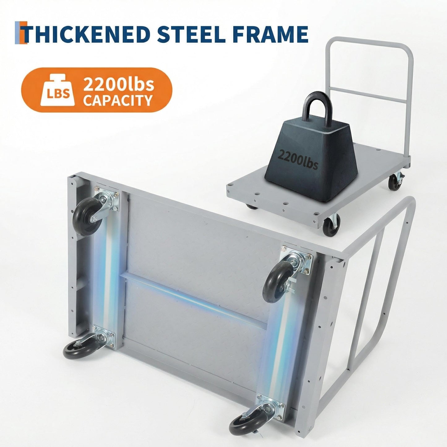 2-in-1 Platform Truck, 2200 LBS Heavy Duty Steel Panel Dolly, 36 x 24 Inch Panel Truck Cart with 2 Handrails & Rubber Swivel Casters, for Factory, Warehouse, Garage, Moving and Storage