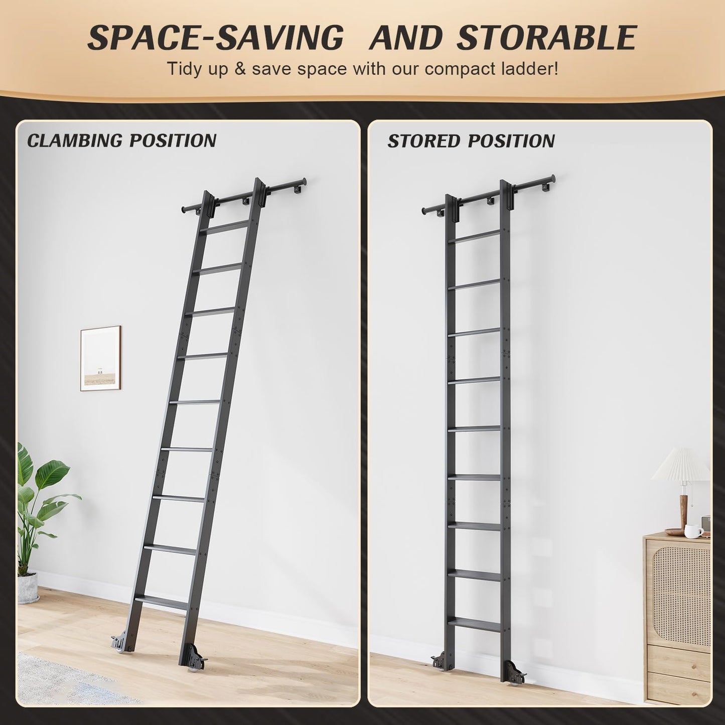 Fredbeck 10FT Rolling Library Aluminium Step Ladder 120" with 4FT Sliding Hardware Track Kit Bottom Wheel Included,for Kitchen,Loft,Warehouses,Bookstore,Atti,Dressing Room,Metal Black