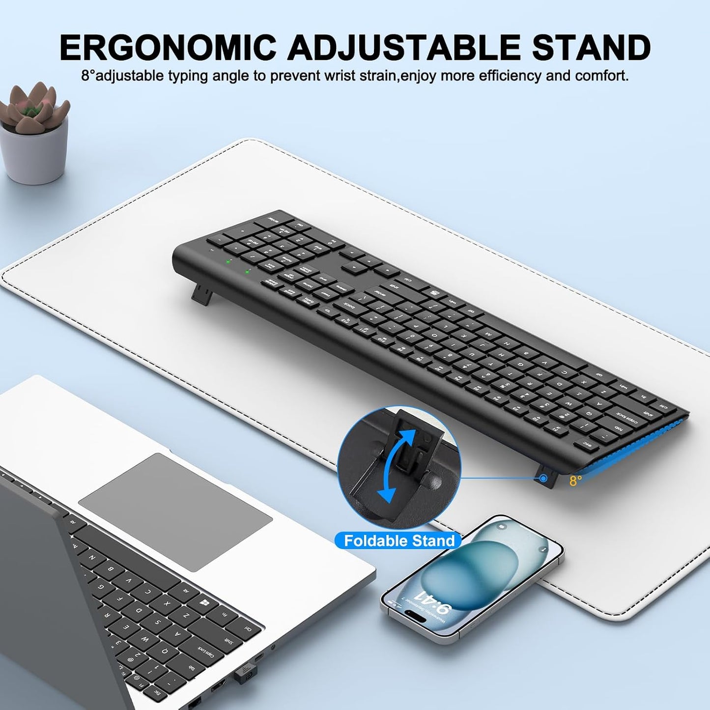 EDJO 2.4G Wireless Keyboard, Full-Sized Cordless USB Silent Computer Keyboard, Ergonomic Tilt Angle, Sleep Mode, Long