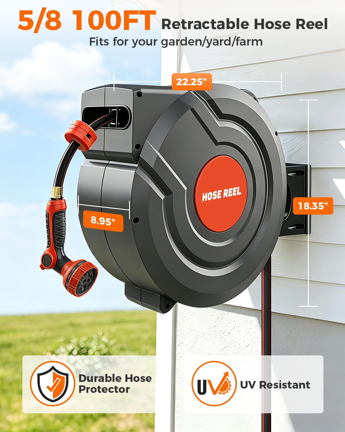 Retractable Garden Hose Reel,Wall Mounted 100 ft 5/8 Inch Automatic Return, Any-Length Lock, 9-Pattern Sprayer, 180° Swivel, Durable Water Hose Reel for Yard and Home