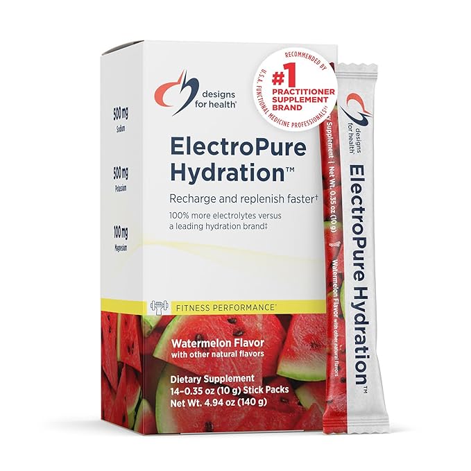 Designs for Health ElectroPure Hydration Packets, Watermelon Flavor - Electrolytes Powder with Vitamin C, Magnesium, Zinc, and Potassium - with Stevia and Monk Fruit Sweetener (14 Stick Packets)