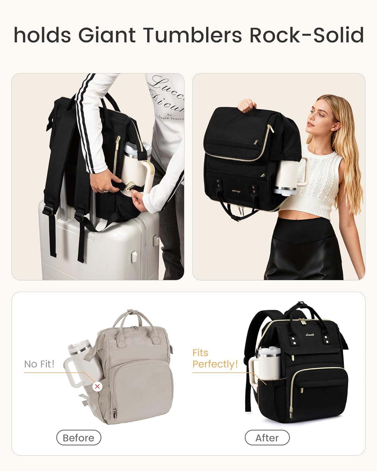 Backpack Pocket,17 inch Backpack Backpack Daypack,Black LOVEVOOK Laptop for Women with Giant Tumbler Holder Waterproof