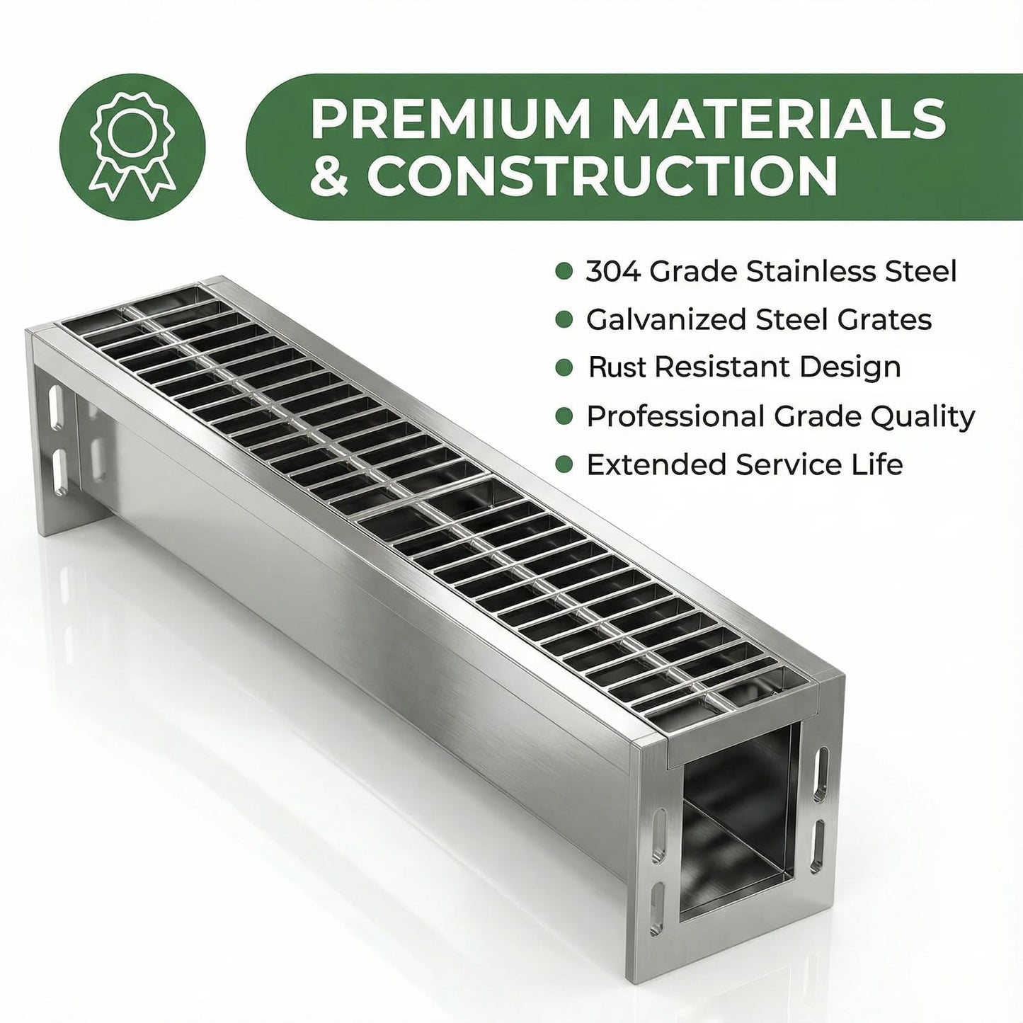 304 Stainless Steel Channel Drain Kit, 39.4x6.1x5.9inTrench Drainage System with Galvanized Steel Grate, Heavy Duty Channel Drain Kit for 2.3" Pipe, Outdoor for Driveway, Garage and Yard