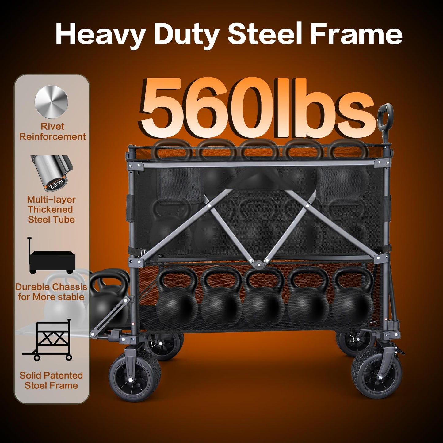 Double Decker Wagon with Retractable Mesh & Tailgate - 560Lbs Load Heavy Duty Foldable Collapsible Wagon Cart with Wheels for Camping, Beach, Groceries, Sports (Black)