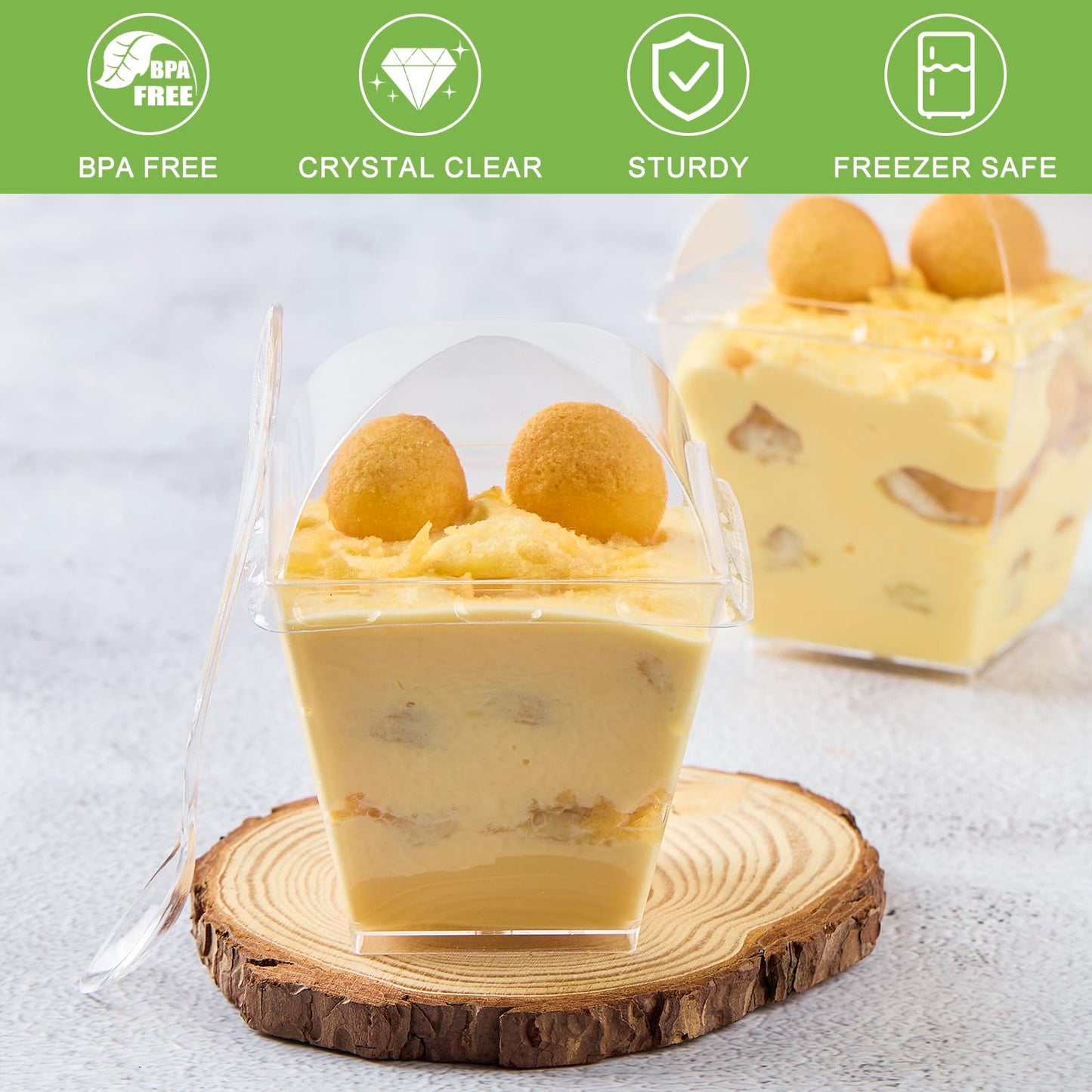 Zezzxu 50 Pack 7 oz Square Dessert Cups with Dome Lids and Spoons, Plastic Pudding Cups with Lids Mini Parfait Shooter Cups for Party Individual Banana Pudding Jello Yogurt Fruit Trifle