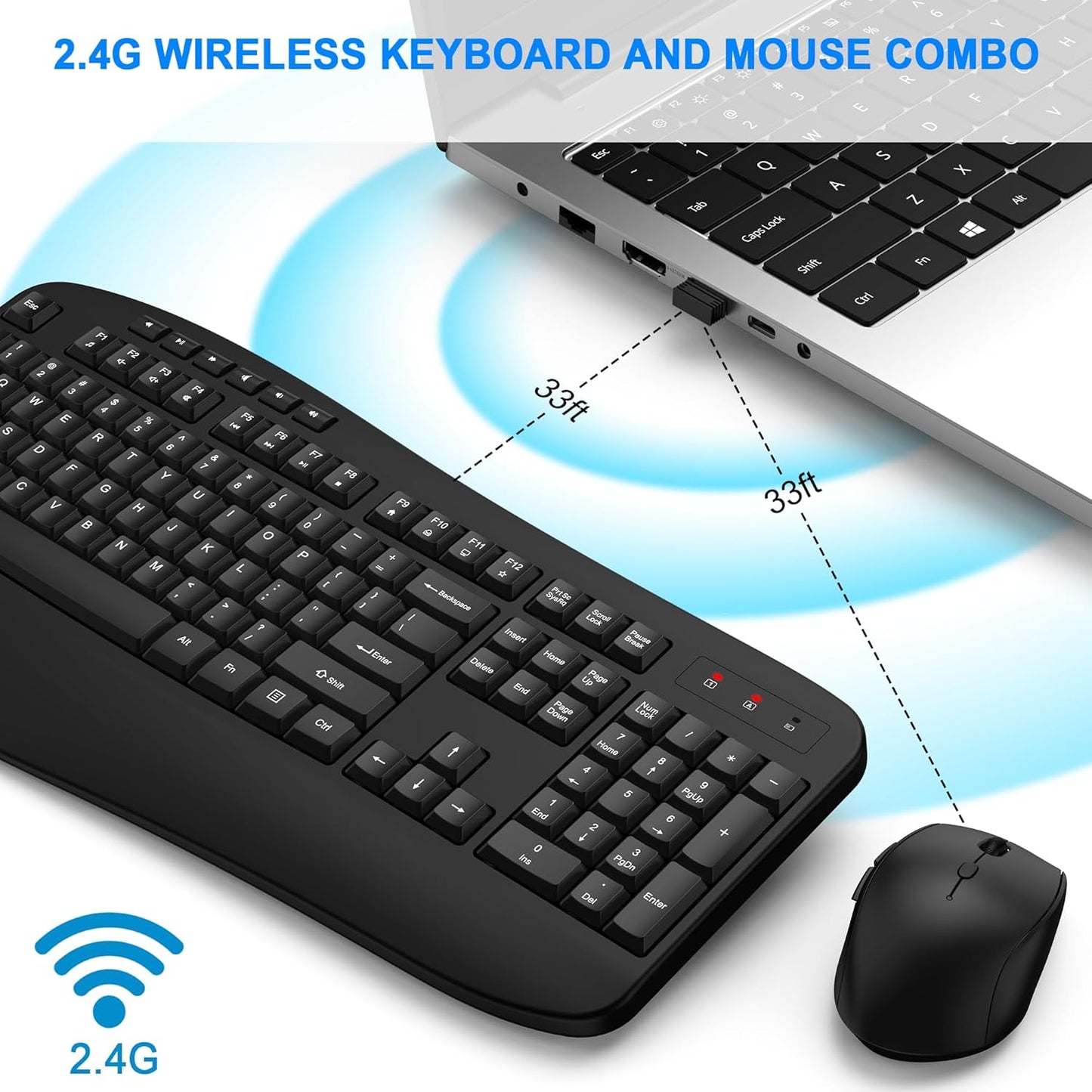 EDJO 2.4G 3 Wireless Keyboard and Mouse Combo, Full Size Ergonomic Keyboard with Palm Rest, Comfortable Natural Typing