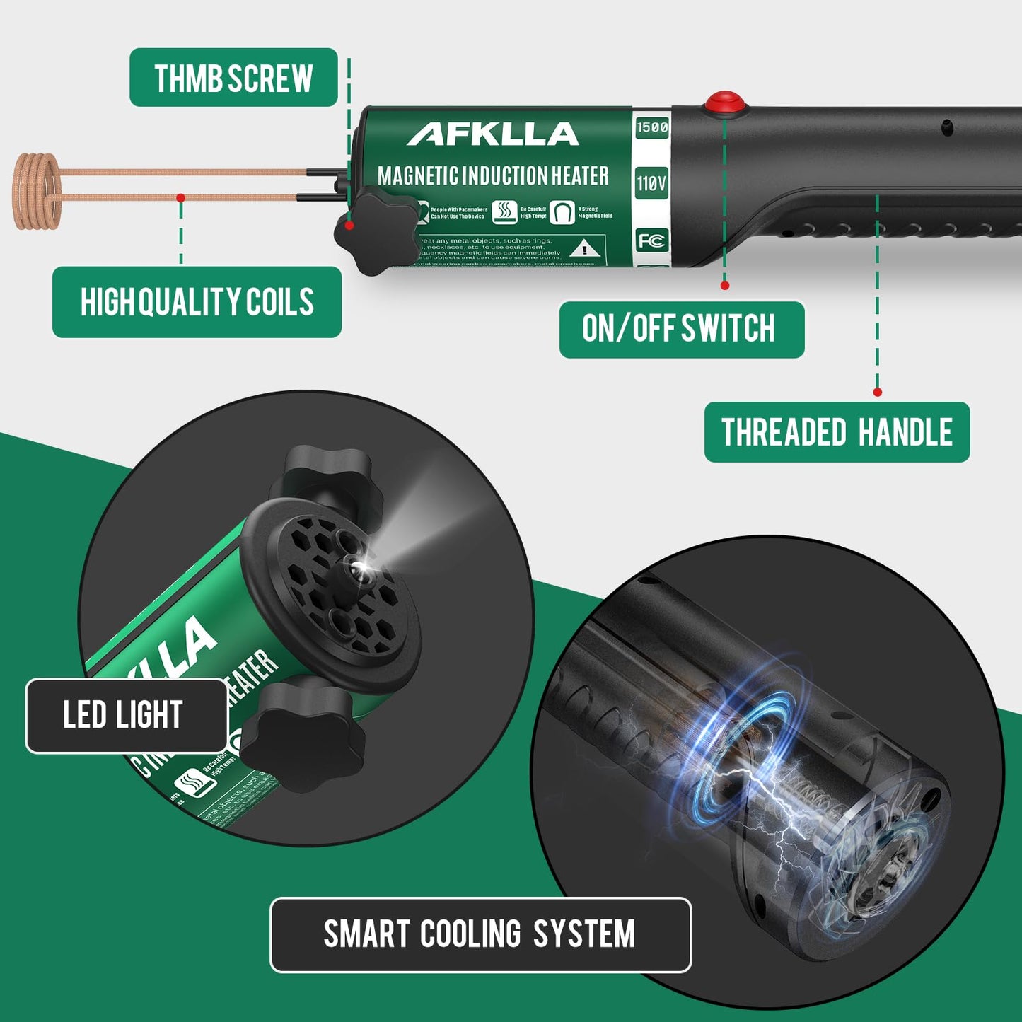 Induction Heater Bolt Removal,1500W 110V Magnetic Heat Induction Tool with 6 Coils, Bolts Heating Kit for Rusty Screw, Nuts, Bearings Removal - Toolbox Incl, Green