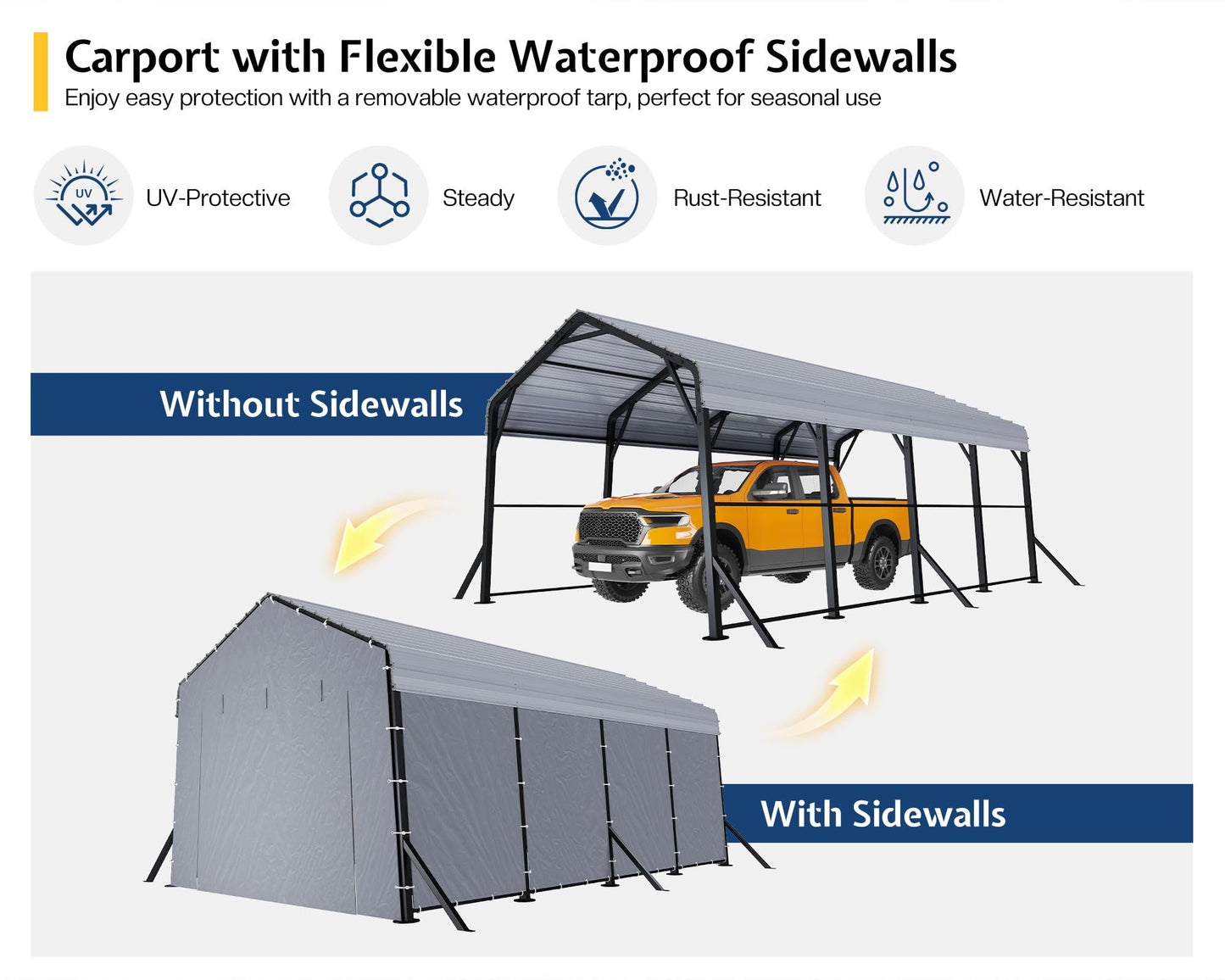 Jocisland 12x20x10.5 FT Heavy Duty Metal Carport, All-Weather Car Canopy with Waterproof Removable Sidewalls, Reinforced Base & Galvanized Steel Roof, Car Shelter for Cars, Boats, Trucks