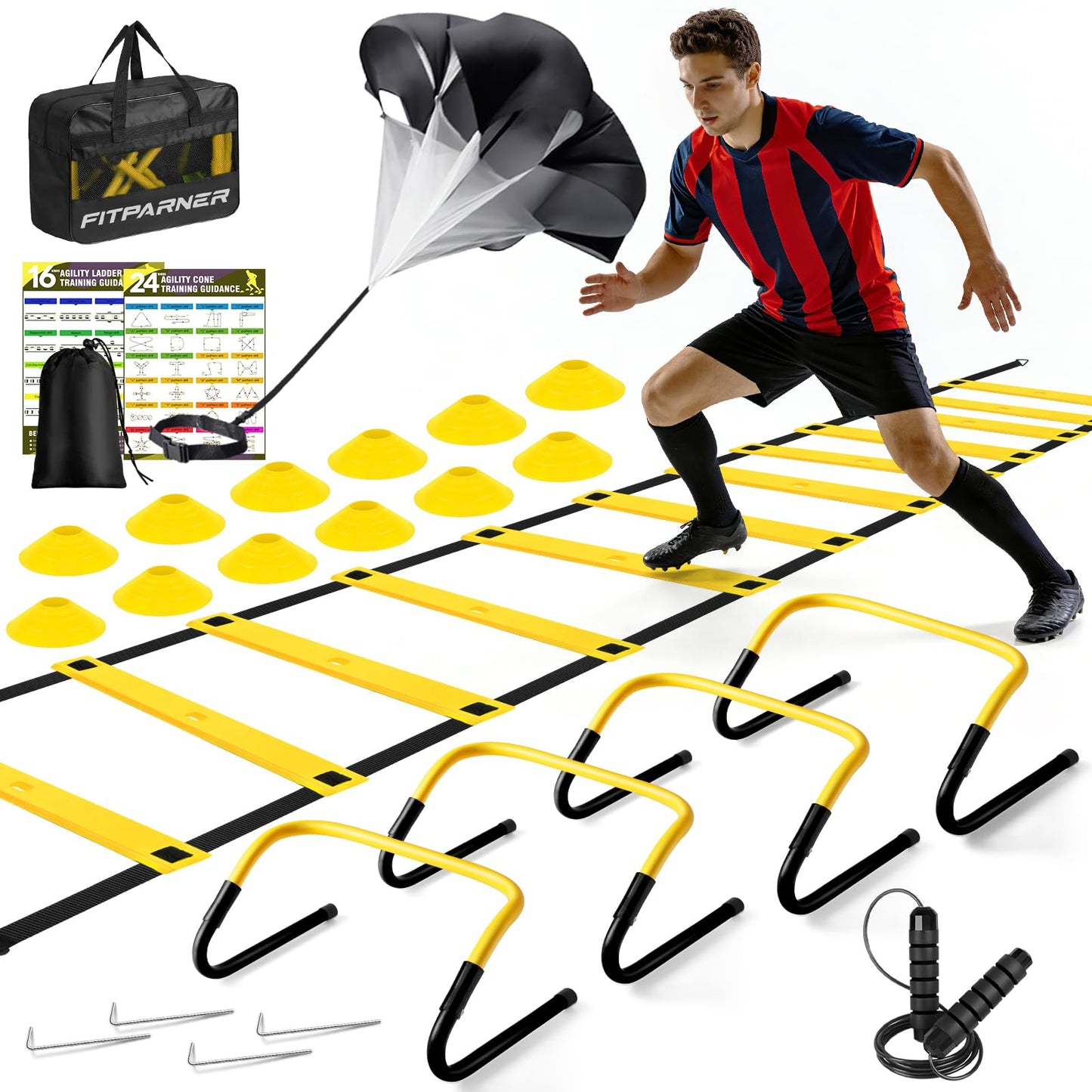 Agility Ladder,Soccer Training Equipment Set-20ft Speed Ladder,12 Soccer Cones,4 Hurdles,Jump Rope,Running Parachute,Basketball Football Agility Training Equipment for Kids, Youth, Adults (Yellow)